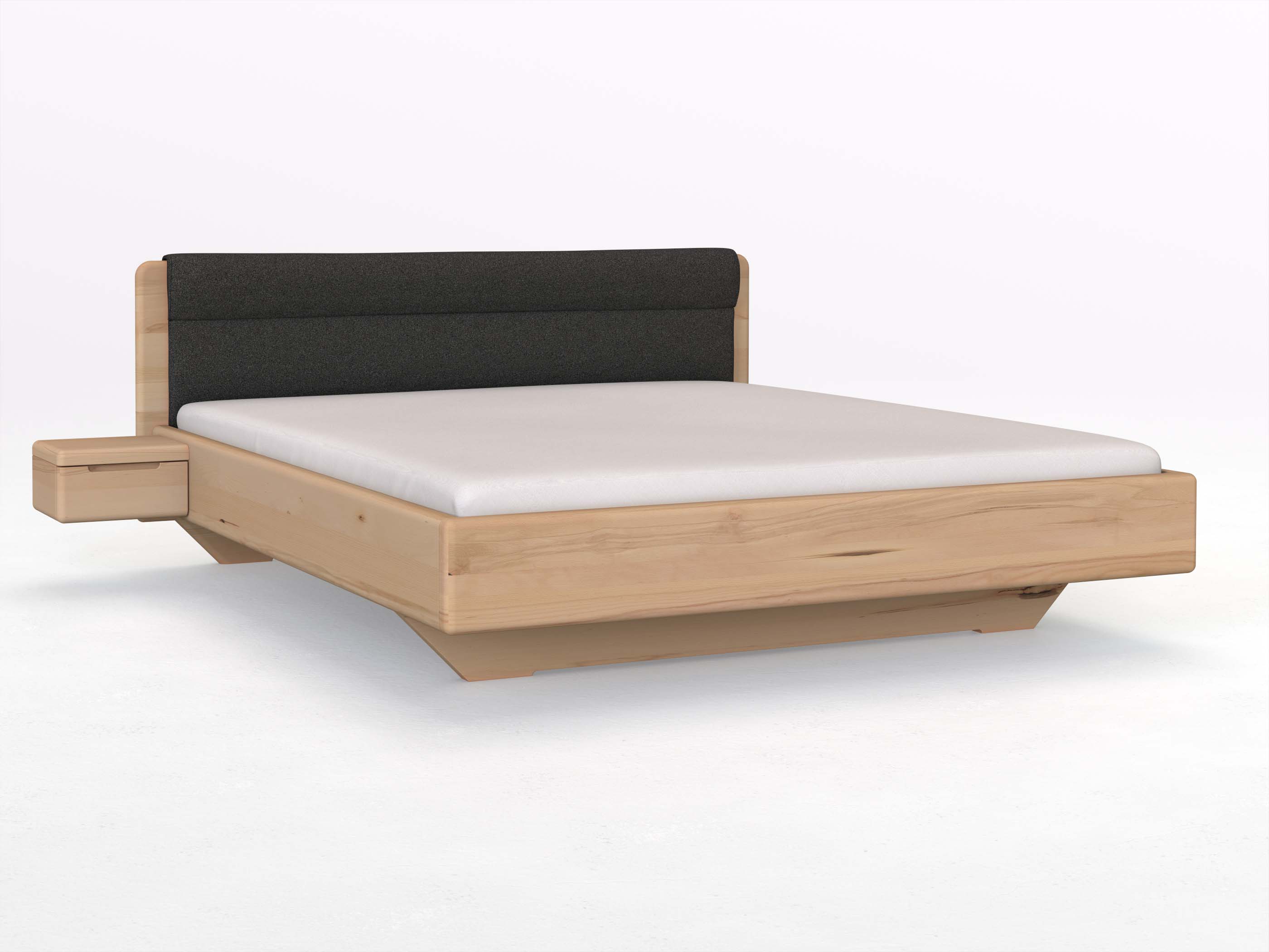 Buchenbett „Valentina“ in 180 x 200 cm mit 2 Nachttischen - Griff: Griffleiste B und mit Stoffkopfteil - Stoff: Schafschurwolle „Loden“ in der Farbe Anthrazit