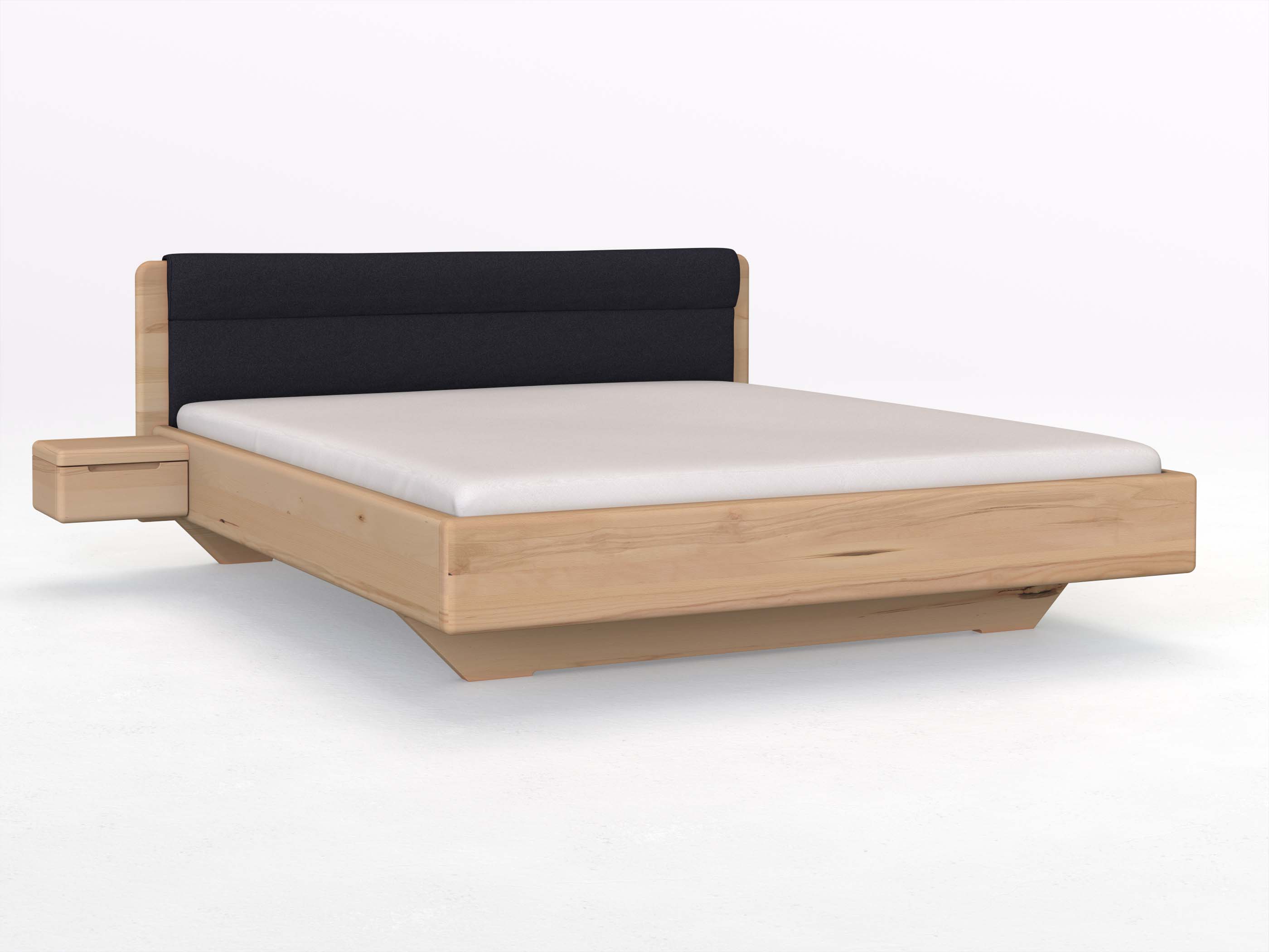 Buchenbett „Valentina“ in 180 x 200 cm mit 2 Nachttischen - Griff: Griffleiste B und mit Stoffkopfteil - Stoff: Schafschurwolle „Loden“ in der Farbe Nachtblau