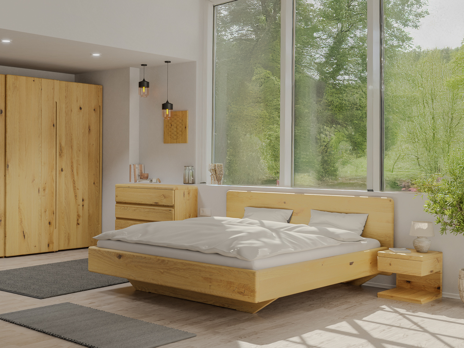 Schlafzimmer mit Wildeichenbett Hell „Valentina“ in 180 x 200 cm