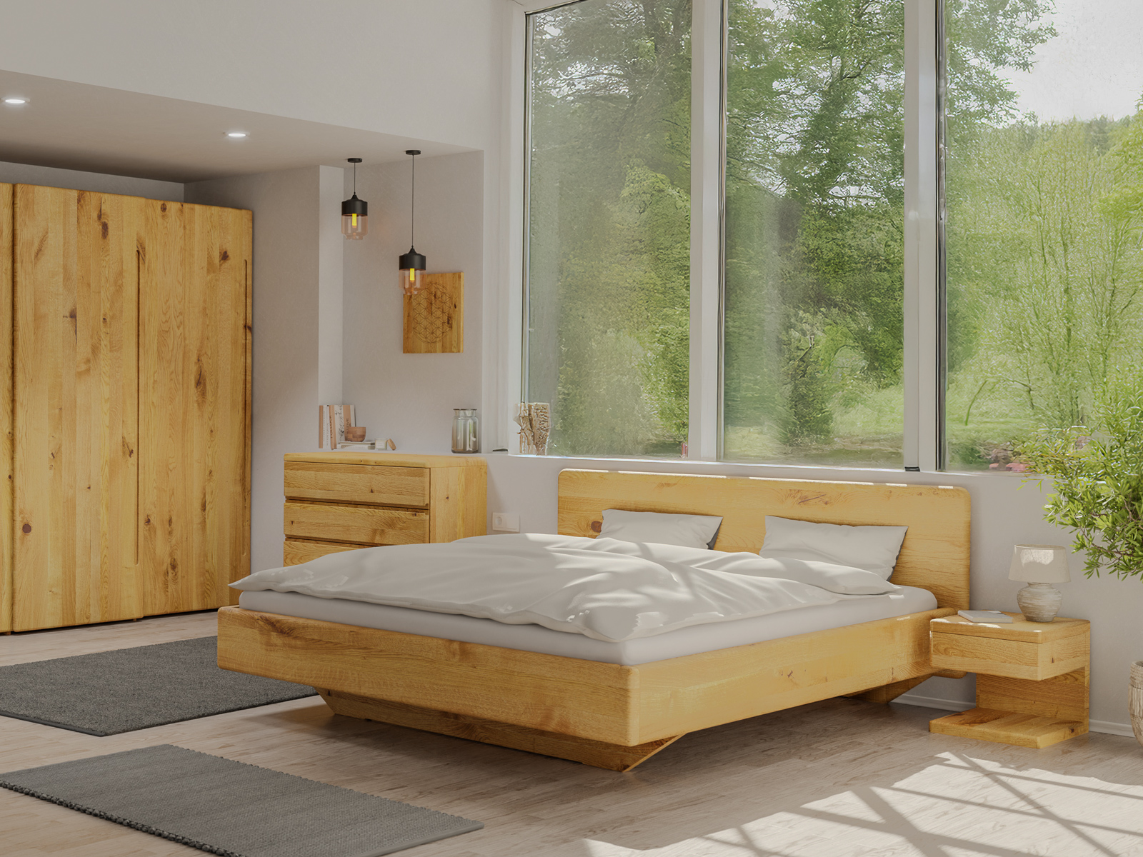 Schlafzimmer mit Wildeichenbett „Valentina“ in 180 x 200 cm