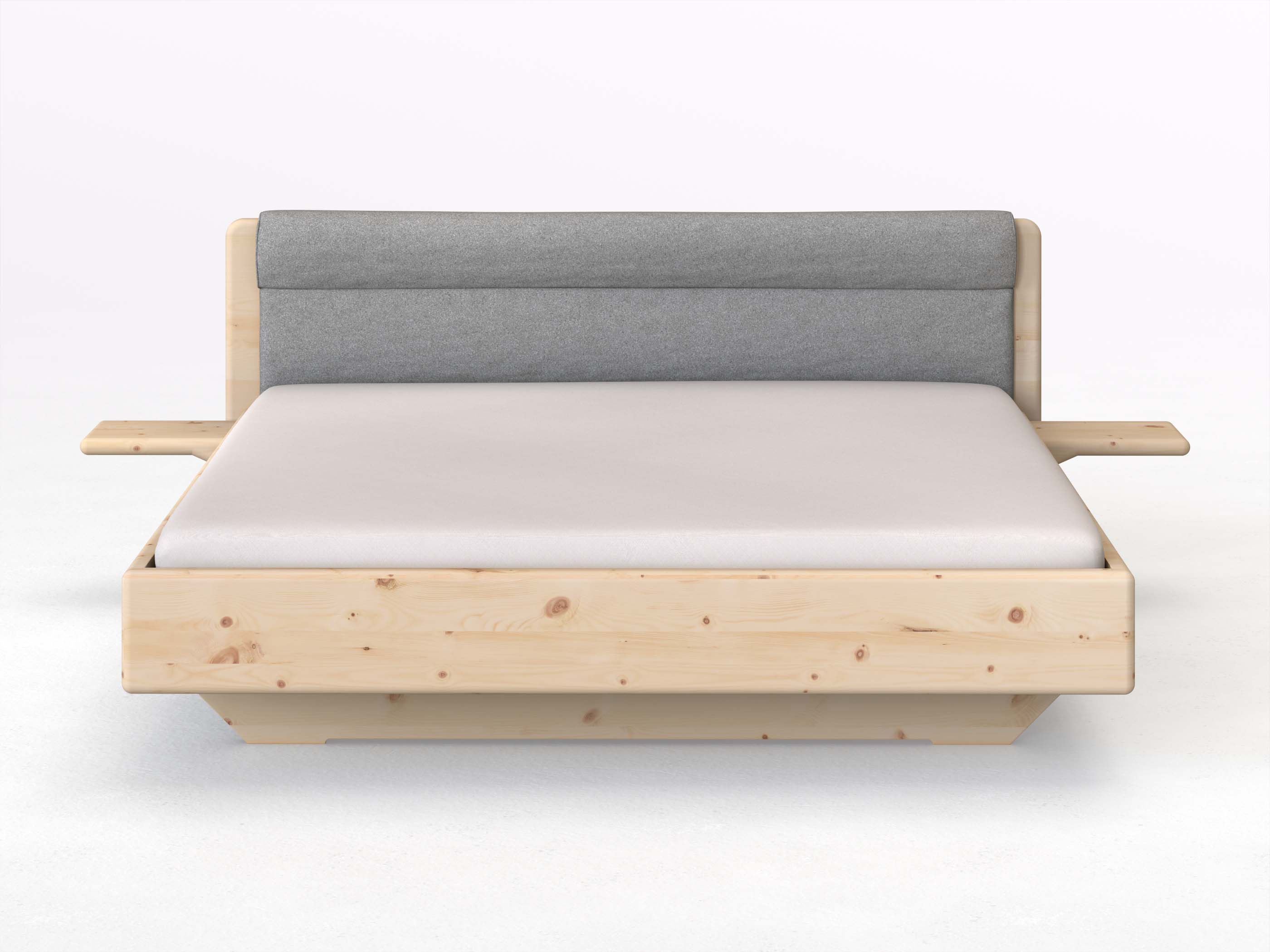 Zirbenbett „Valentina“ in 180 x 200 cm mit 2 Ablagen und Stoffkopfteil - Stoff: Schafschurwolle „Loden“ in der Farbe Nebelgrau