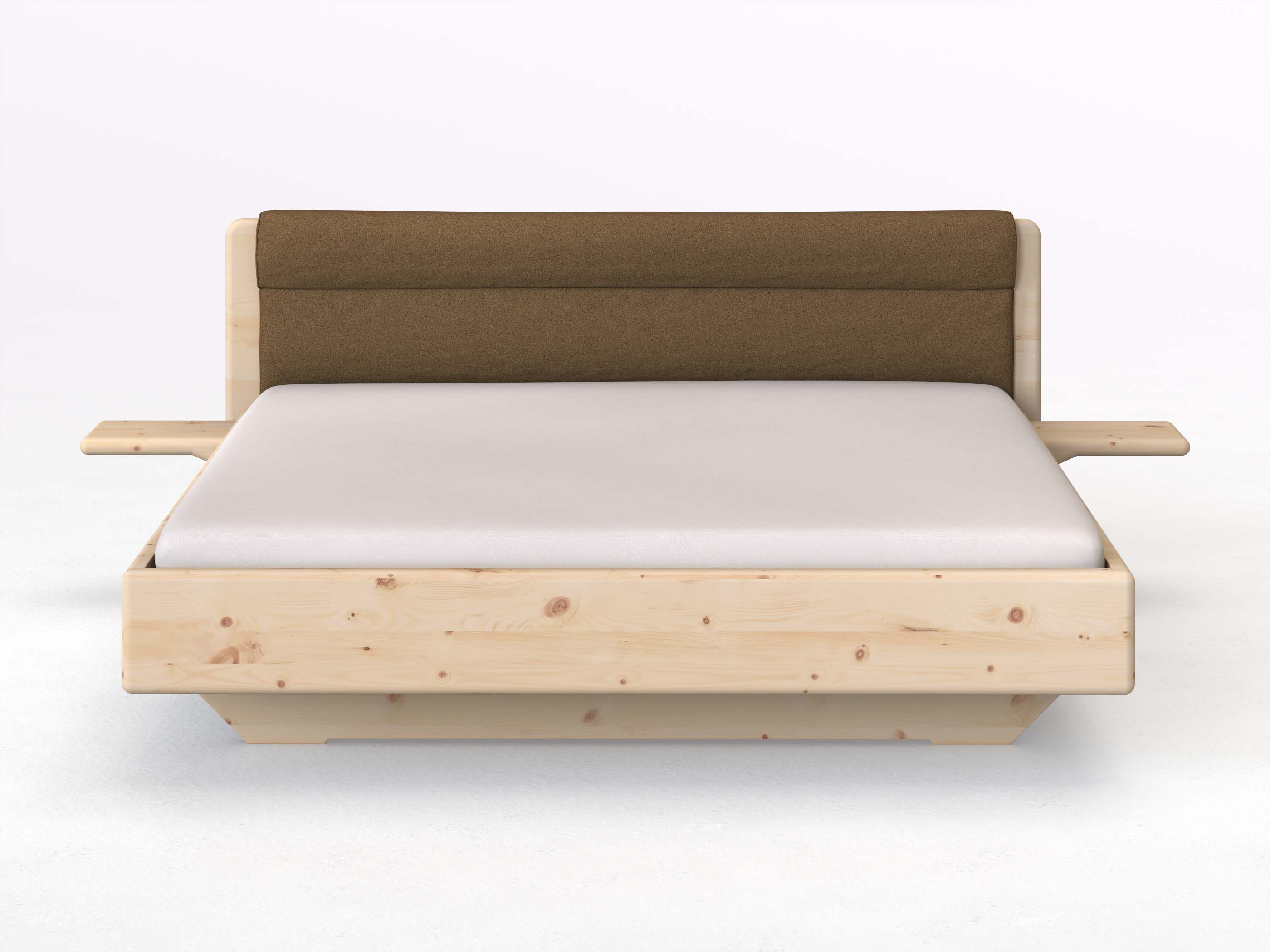 Zirbenbett „Valentina“ in 180 x 200 cm mit 2 Ablagen und Stoffkopfteil - Stoff: Schafschurwolle „Loden“ in der Farbe Zimtrinde