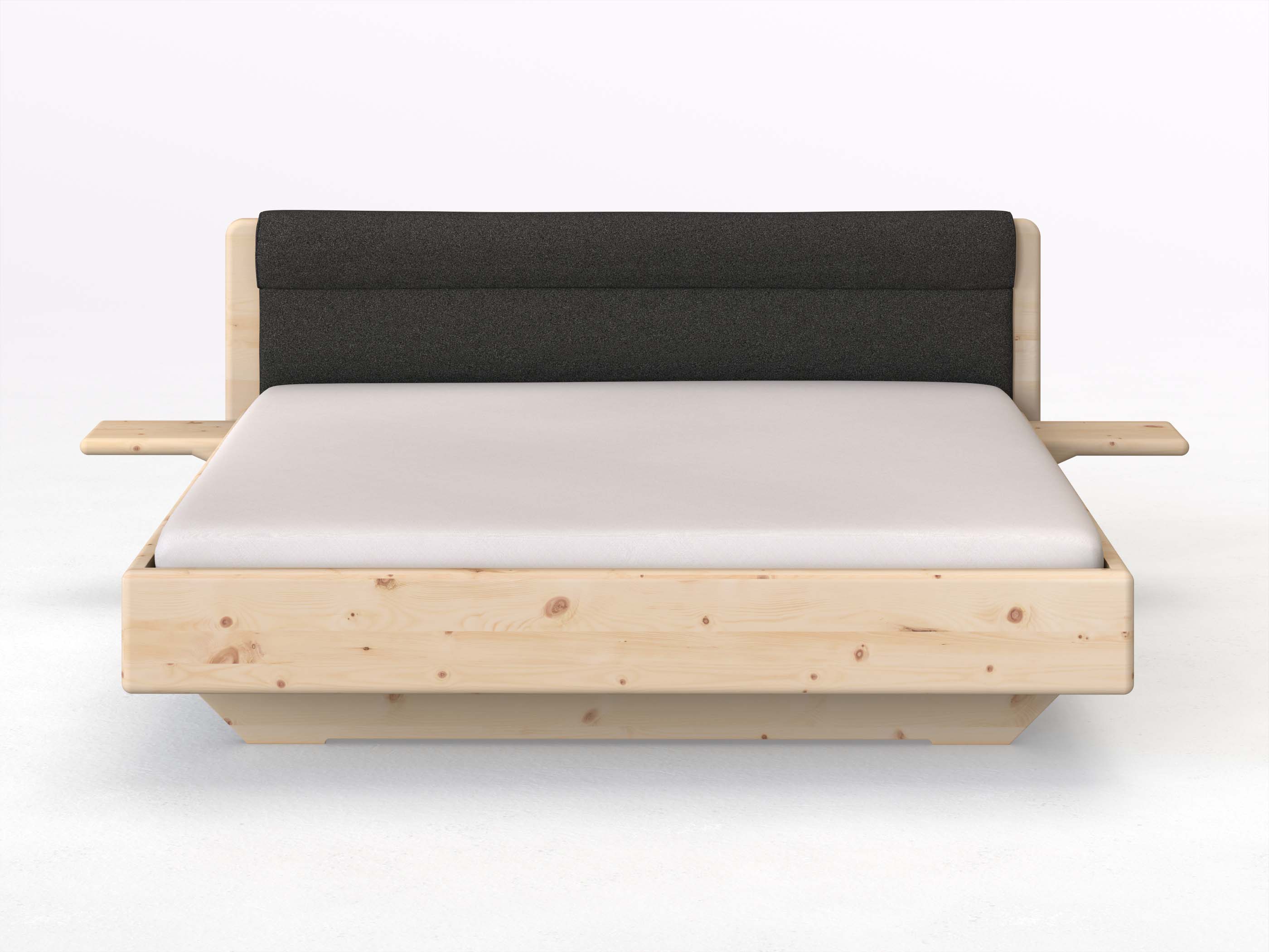 Zirbenbett „Valentina“ in 180 x 200 cm mit 2 Ablagen und Stoffkopfteil - Stoff: Schafschurwolle „Loden“ in der Farbe Anthrazit