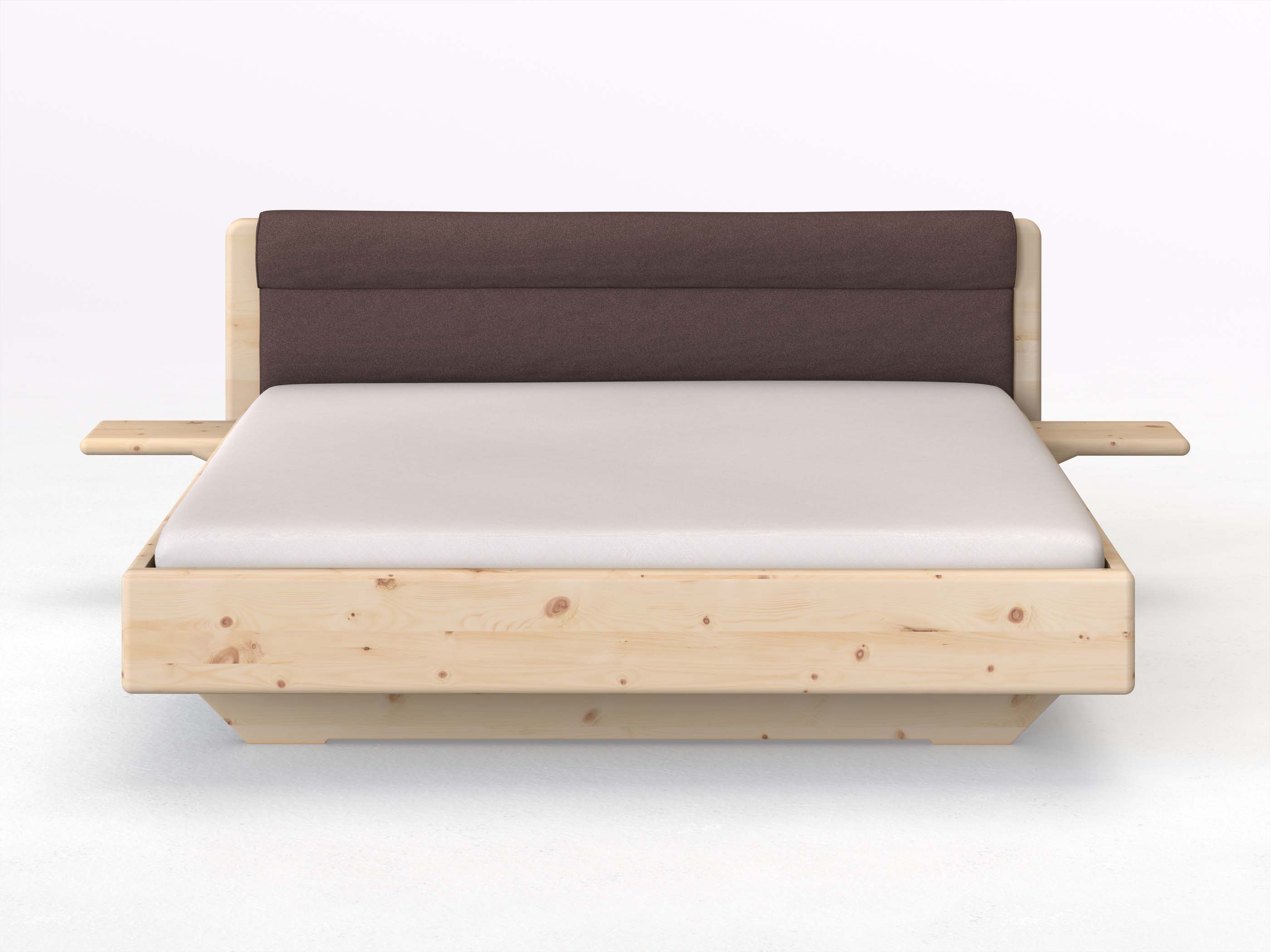 Zirbenbett „Valentina“ in 180 x 200 cm mit 2 Ablagen und Stoffkopfteil - Stoff: Schafschurwolle „Loden“ in der Farbe Abenddämmerung