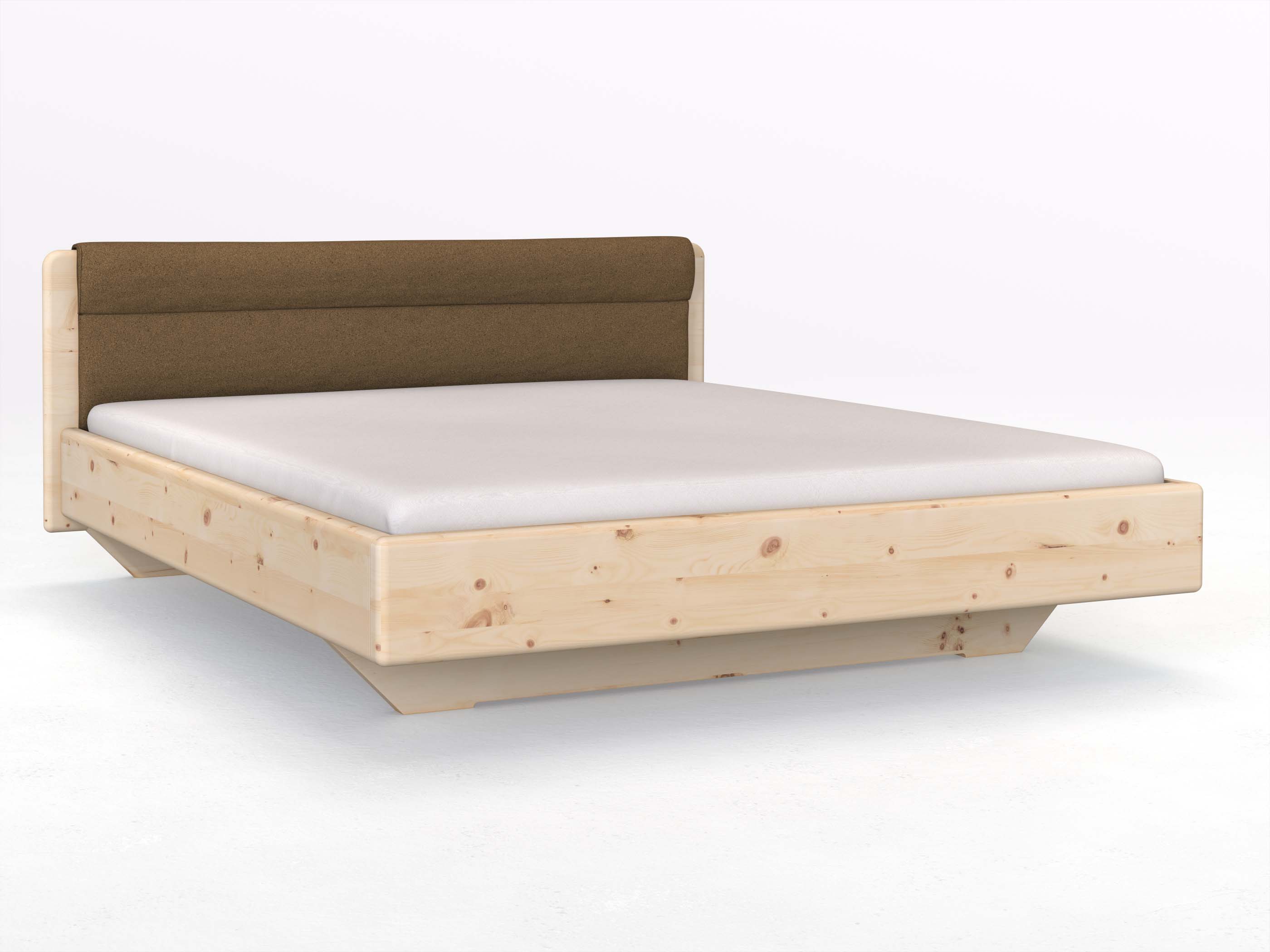 Zirbenbett „Valentina“ in 180 x 200 cm mit Stoffkopfteil - Stoff: Schafschurwolle „Loden“ in der Farbe Zimtrinde
