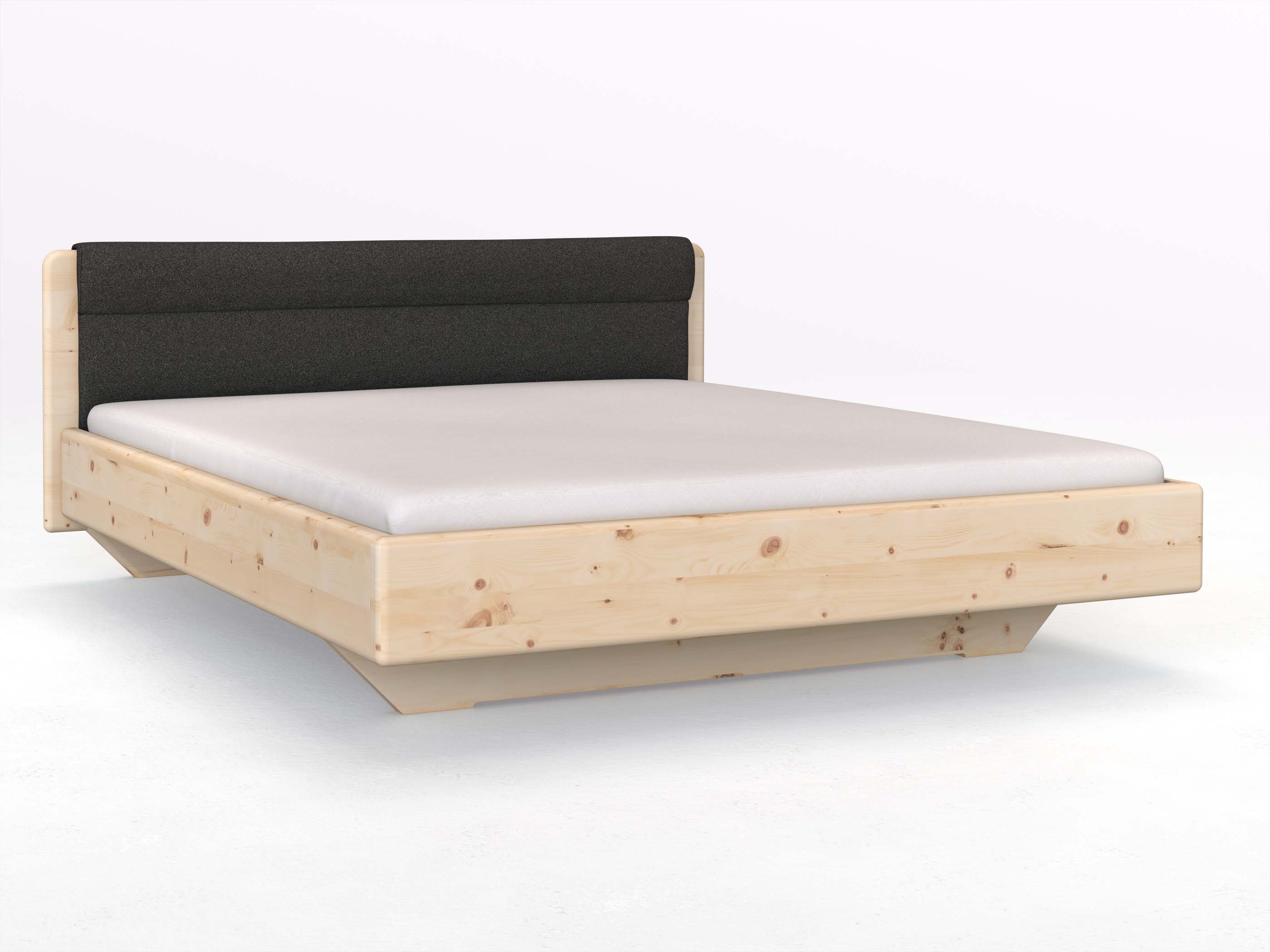 Zirbenbett „Valentina“ in 180 x 200 cm mit Stoffkopfteil - Stoff: Schafschurwolle „Loden“ in der Farbe Anthrazit