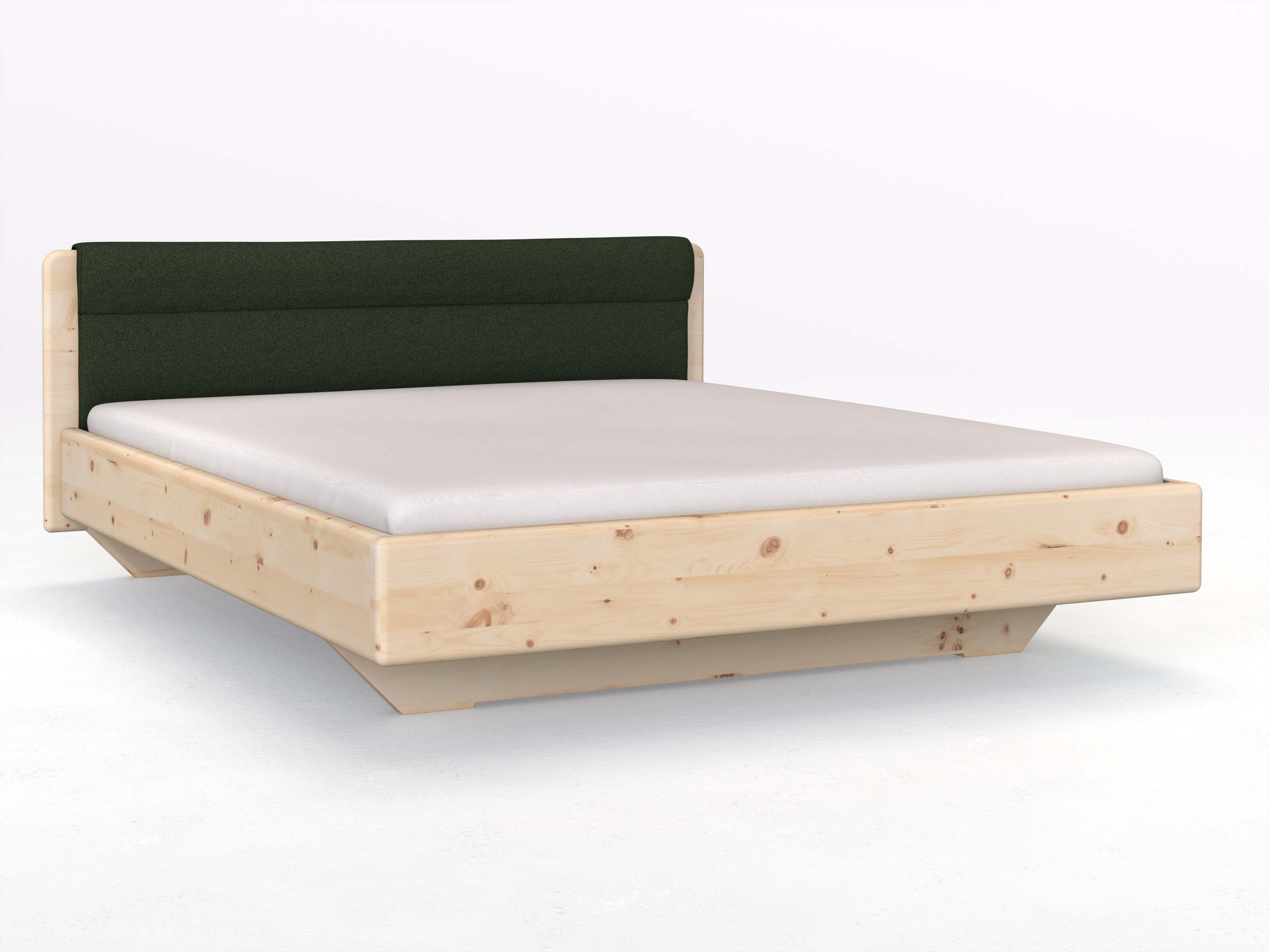Zirbenbett „Valentina“ in 180 x 200 cm mit Stoffkopfteil - Stoff: Schafschurwolle „Loden“ in der Farbe Tannenwald