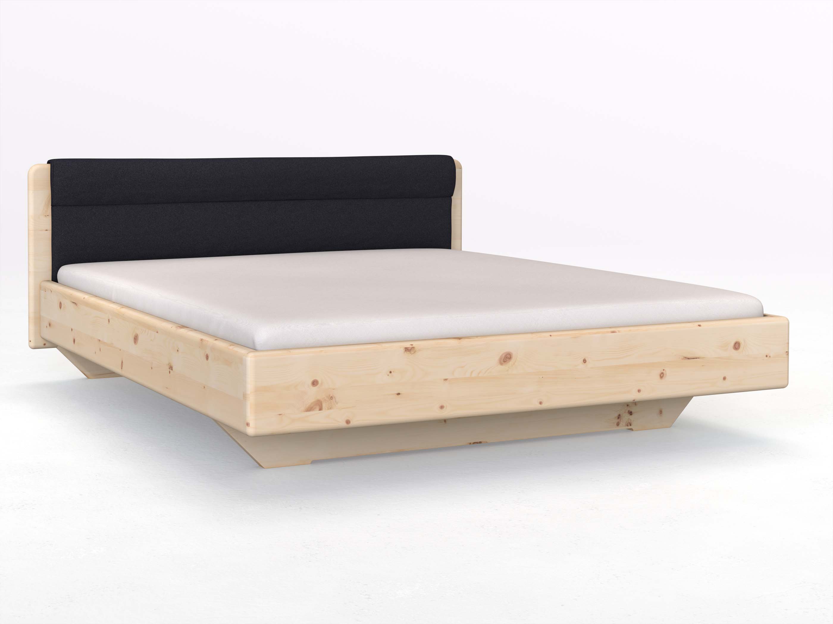 Zirbenbett „Valentina“ in 180 x 200 cm mit Stoffkopfteil - Stoff: Schafschurwolle „Loden“ in der Farbe Nachtblau