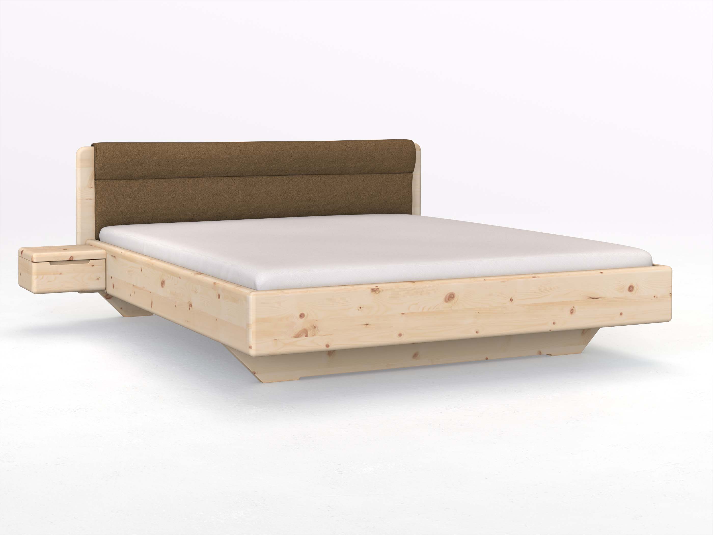 Zirbenbett „Valentina“ in 180 x 200 cm mit 2 Nachttischen - Griff: Griffleiste B und mit Stoffkopfteil - Stoff: Schafschurwolle „Loden“ in der Farbe Zimtrinde