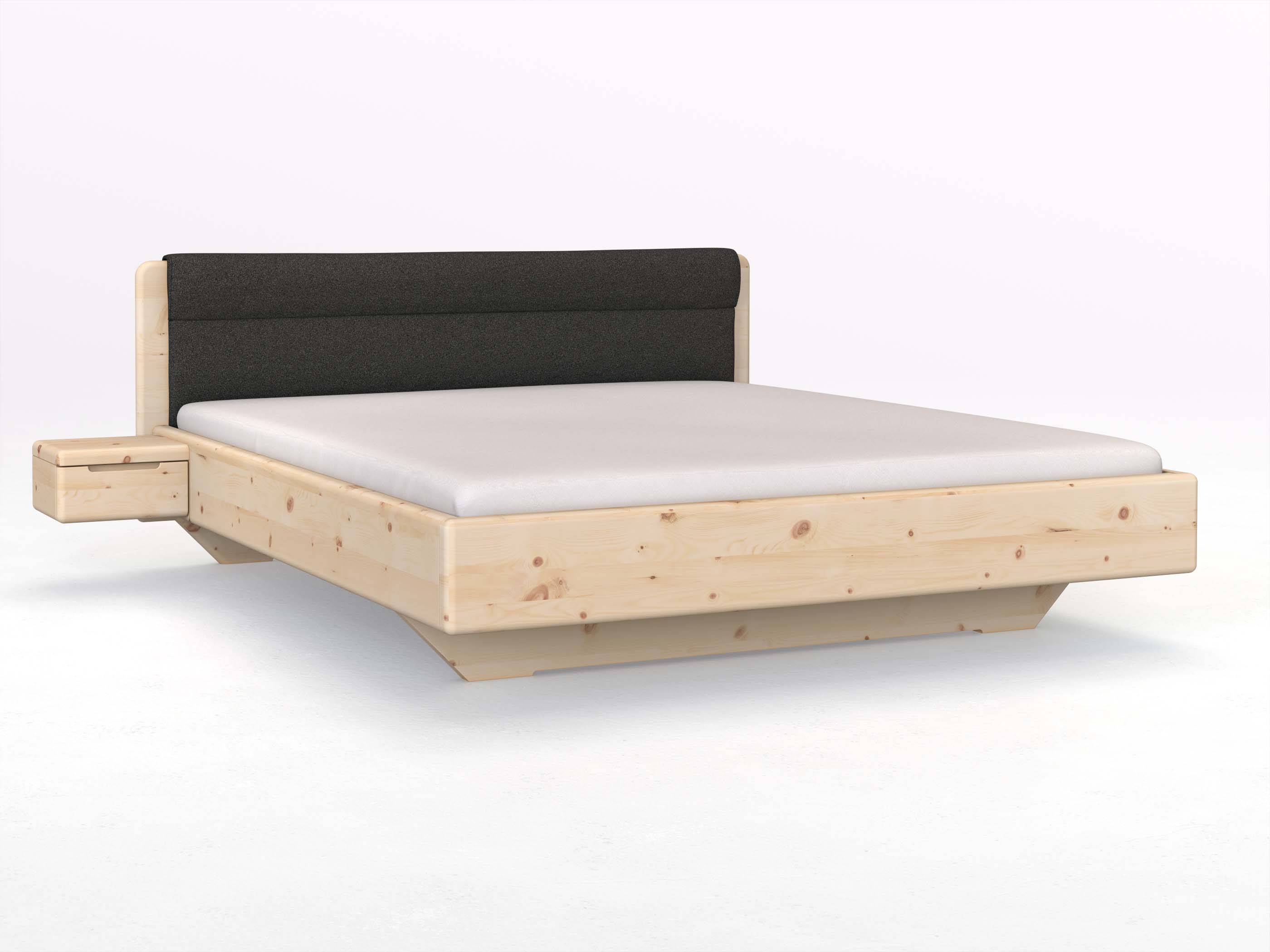 Zirbenbett „Valentina“ in 180 x 200 cm mit 2 Nachttischen - Griff: Griffleiste B und mit Stoffkopfteil - Stoff: Schafschurwolle „Loden“ in der Farbe Anthrazit