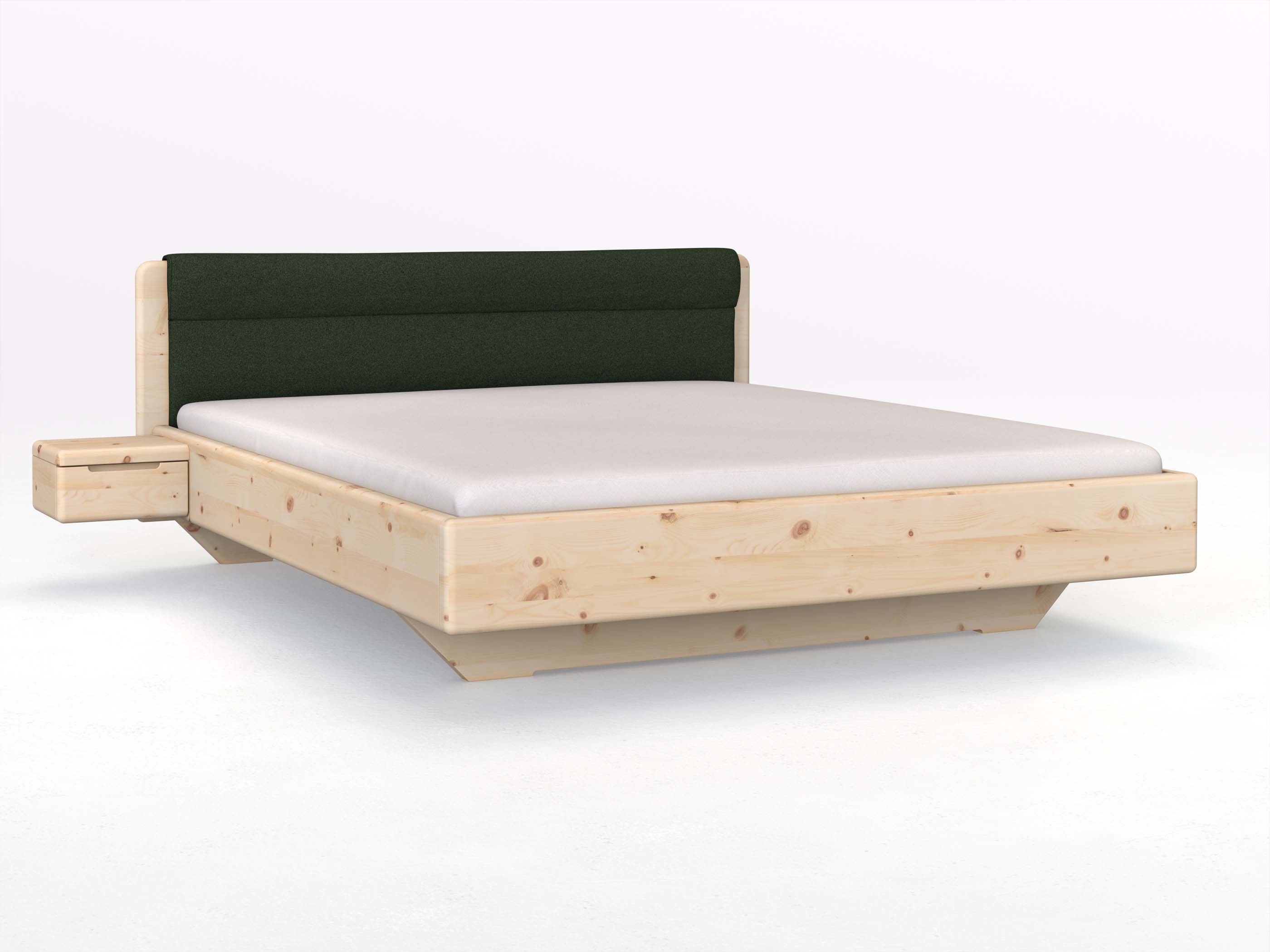Zirbenbett „Valentina“ in 180 x 200 cm mit 2 Nachttischen - Griff: Griffleiste B und mit Stoffkopfteil - Stoff: Schafschurwolle „Loden“ in der Farbe Tannenwald
