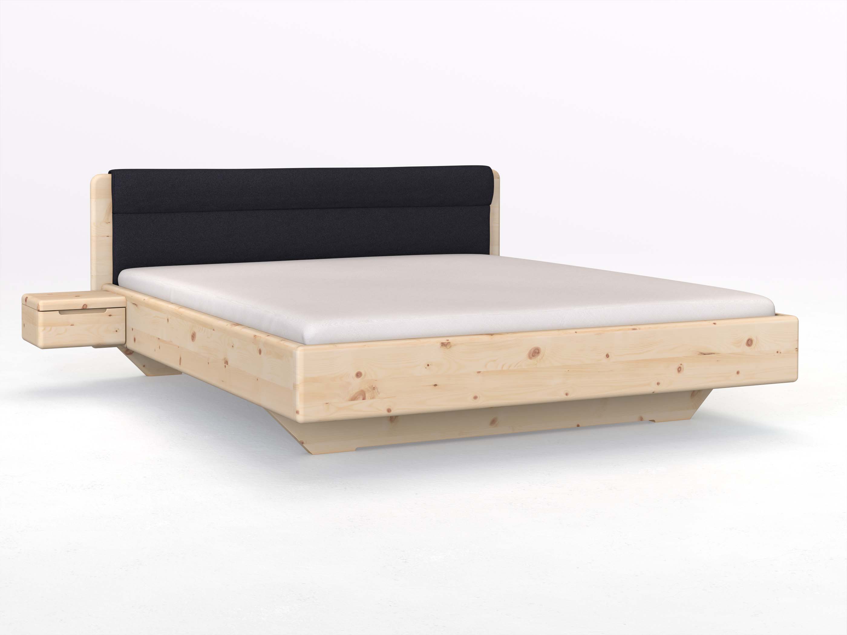 Zirbenbett „Valentina“ in 180 x 200 cm mit 2 Nachttischen - Griff: Griffleiste B und mit Stoffkopfteil - Stoff: Schafschurwolle „Loden“ in der Farbe Nachtblau