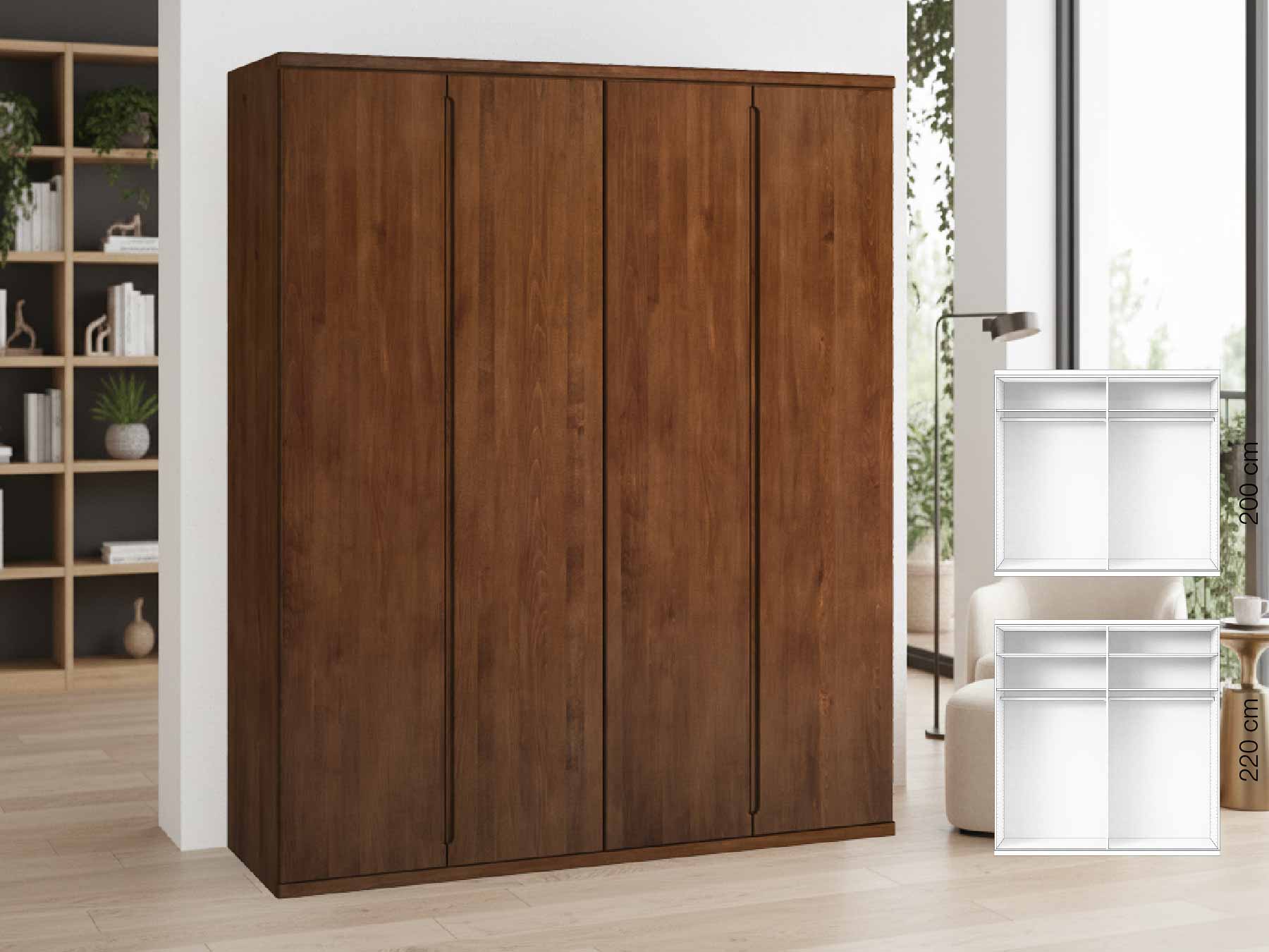 Buchenschrank Dunkel „Valentin“, 4-türig, Höhe 220 cm, Griffausführung „Lukas“, Inneneinrichtung: A 