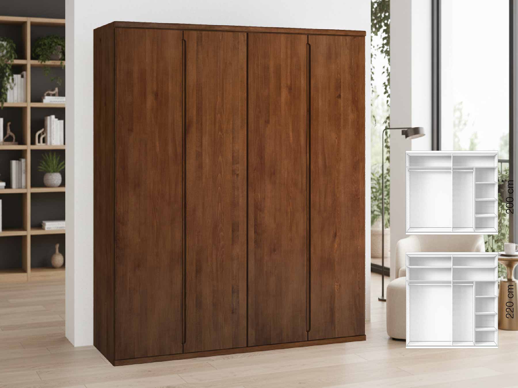 Buchenschrank Dunkel „Valentin“, 4-türig, Höhe 220 cm, Griffausführung „Lukas“, Inneneinrichtung: B