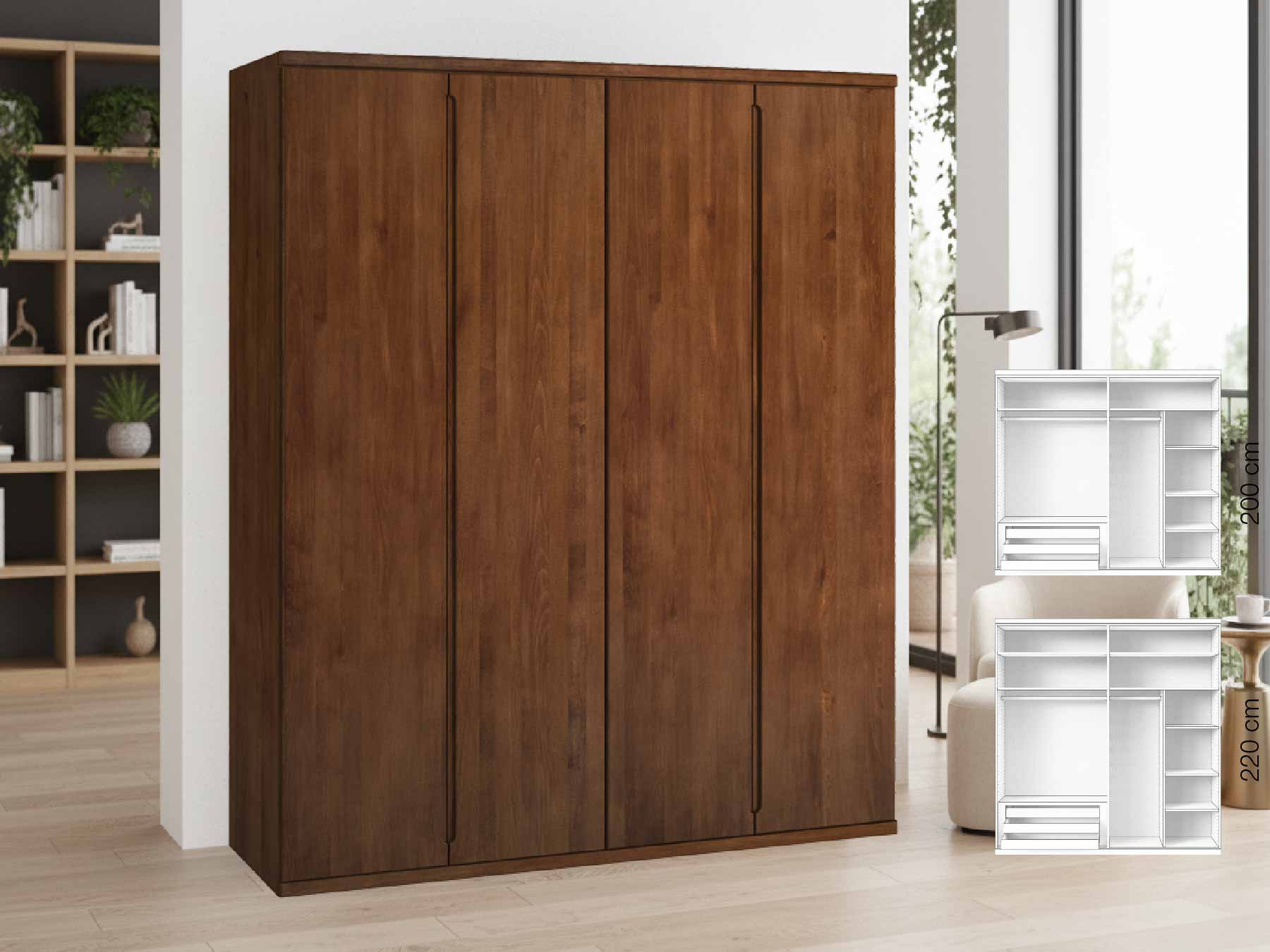 Buchenschrank Dunkel „Valentin“, 4-türig, Höhe 220 cm, Griffausführung „Lukas“, Inneneinrichtung: C