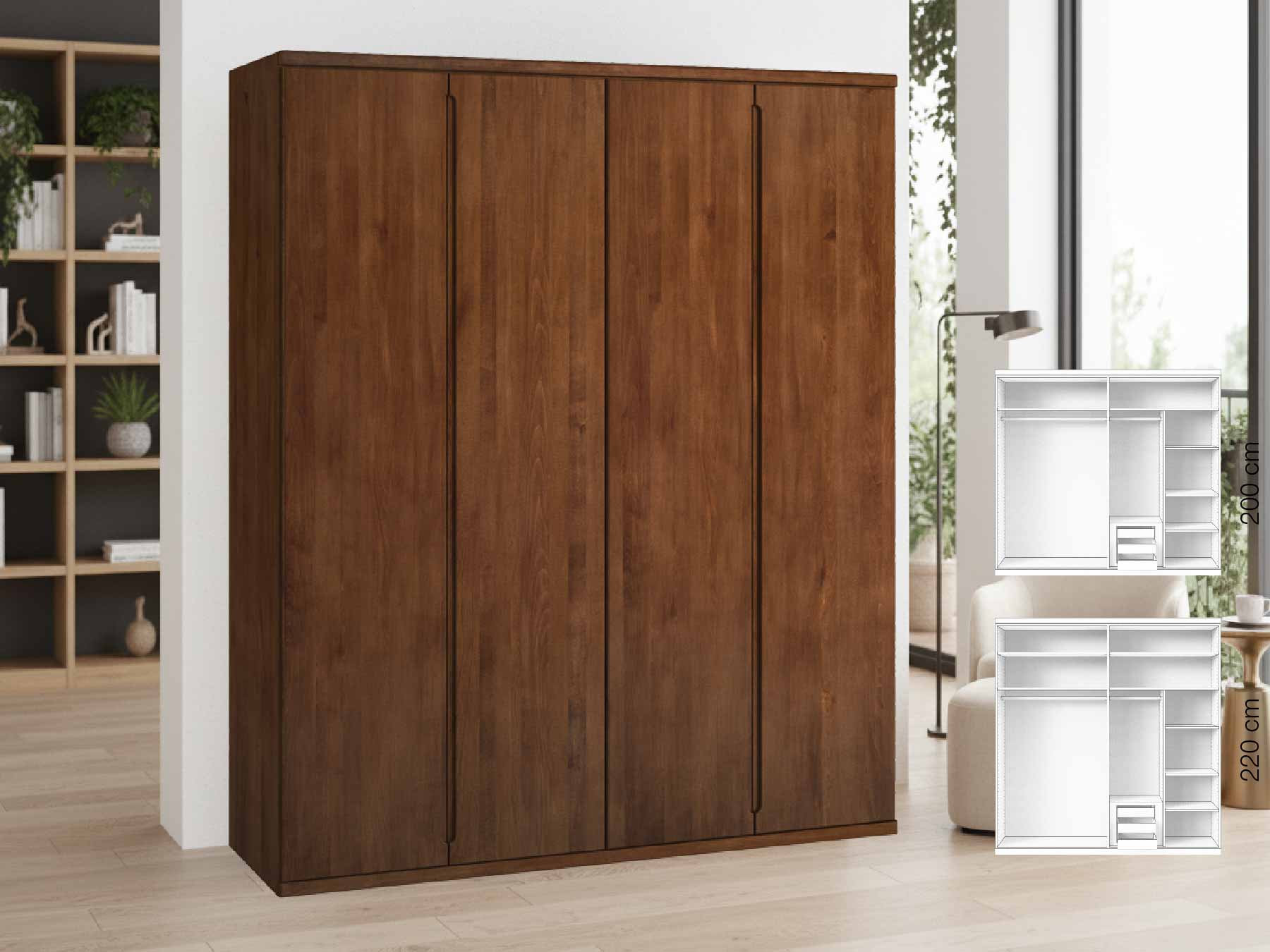 Buchenschrank Dunkel „Valentin“, 4-türig, Höhe 220 cm, Griffausführung „Lukas“, Inneneinrichtung: D