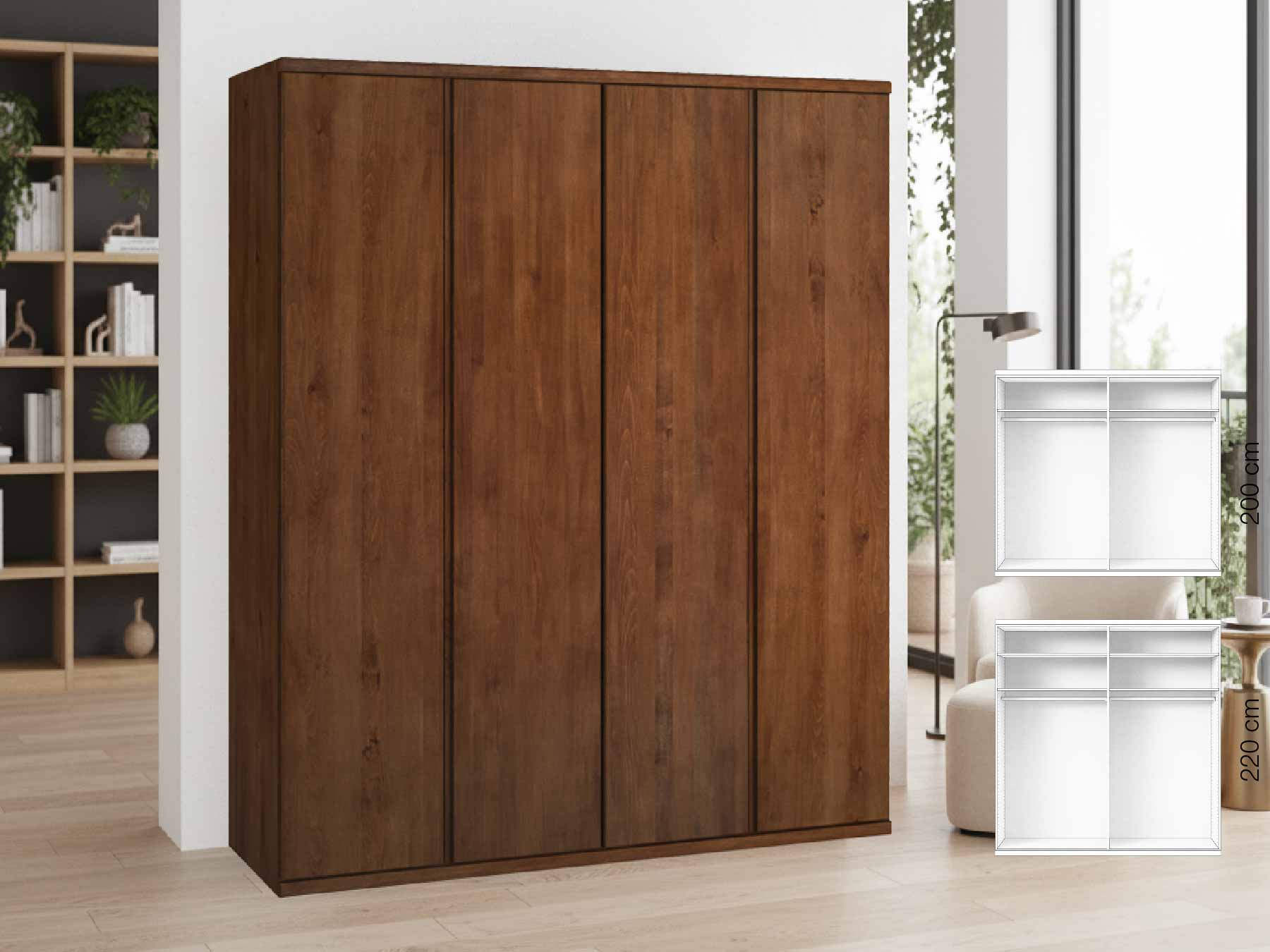 Buchenschrank Dunkel „Valentin“, 4-türig, Höhe 220 cm, Griffausführung „Patrizia“, Inneneinrichtung: A 