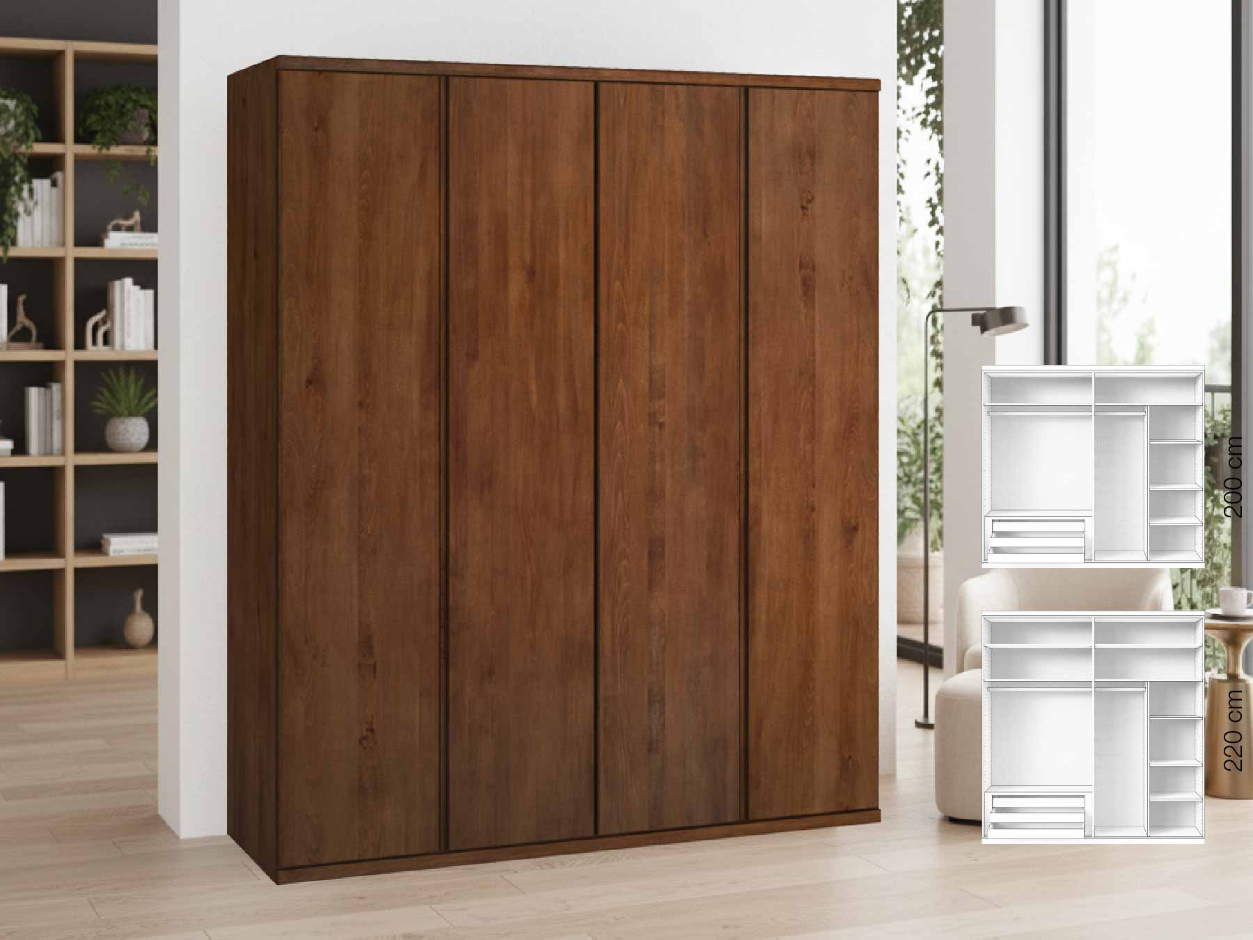 Buchenschrank Dunkel „Valentin“, 4-türig, Höhe 220 cm, Griffausführung „Patrizia“, Inneneinrichtung: C