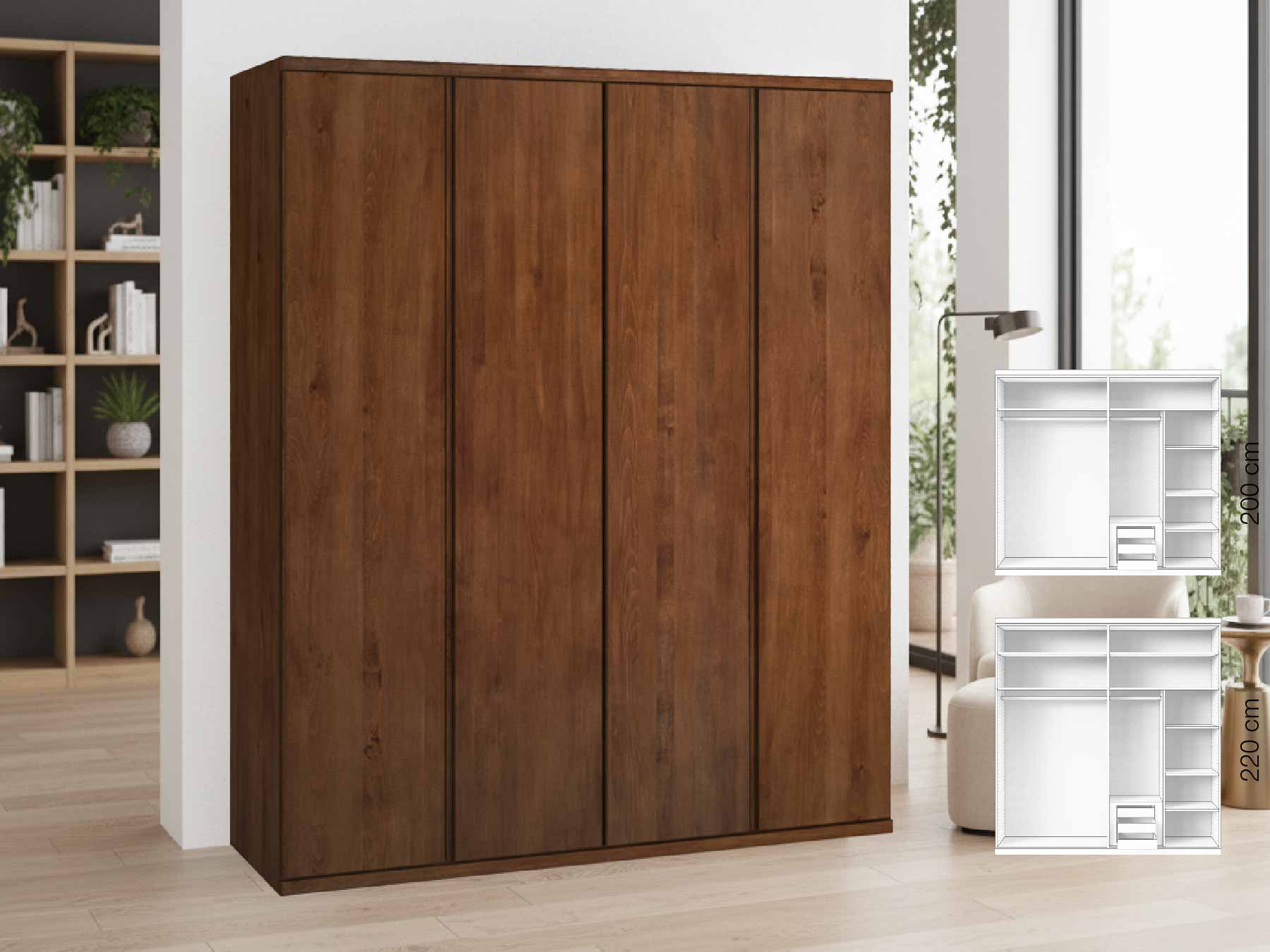 Buchenschrank Dunkel „Valentin“, 4-türig, Höhe 220 cm, Griffausführung „Patrizia“, Inneneinrichtung: D