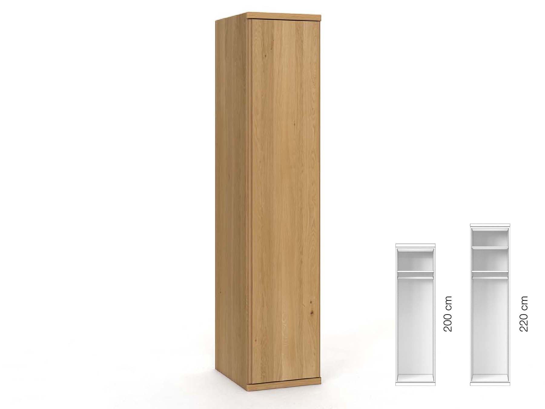 Eichenschrank Hell „Valentin“, 1-türig, Höhe 220 cm, Griffausführung „Patrizia“, Inneneinrichtung: A, Türanschlag rechts