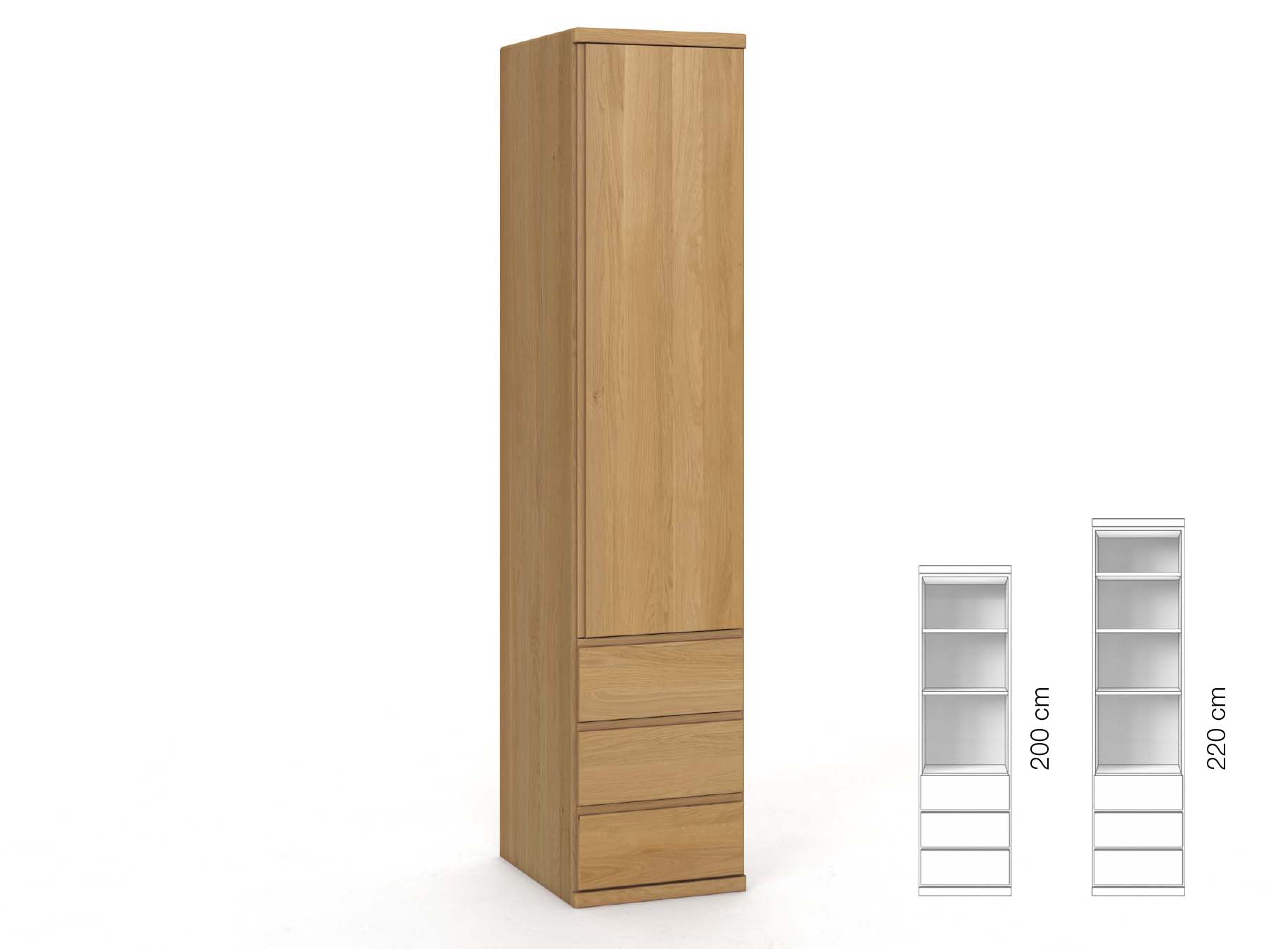 Eichenschrank Hell „Valentin“, 1-türig, Höhe 220 cm, Griffausführung „Patrizia“, Inneneinrichtung: D, Türanschlag rechts