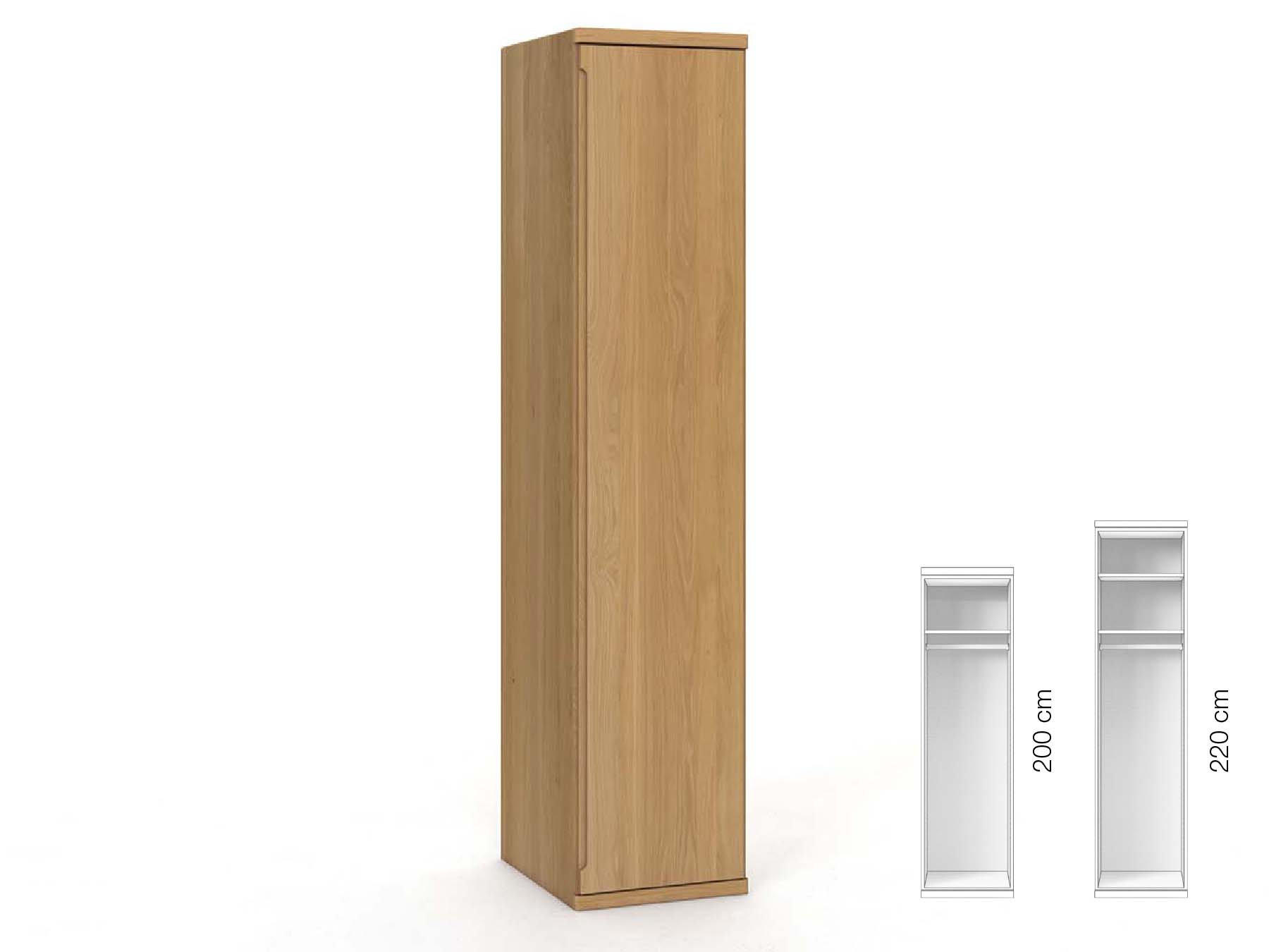 Eichenschrank Hell „Valentin“, 1-türig, Höhe 220 cm, Griffausführung „Lukas“, Inneneinrichtung: A, Türanschlag rechts