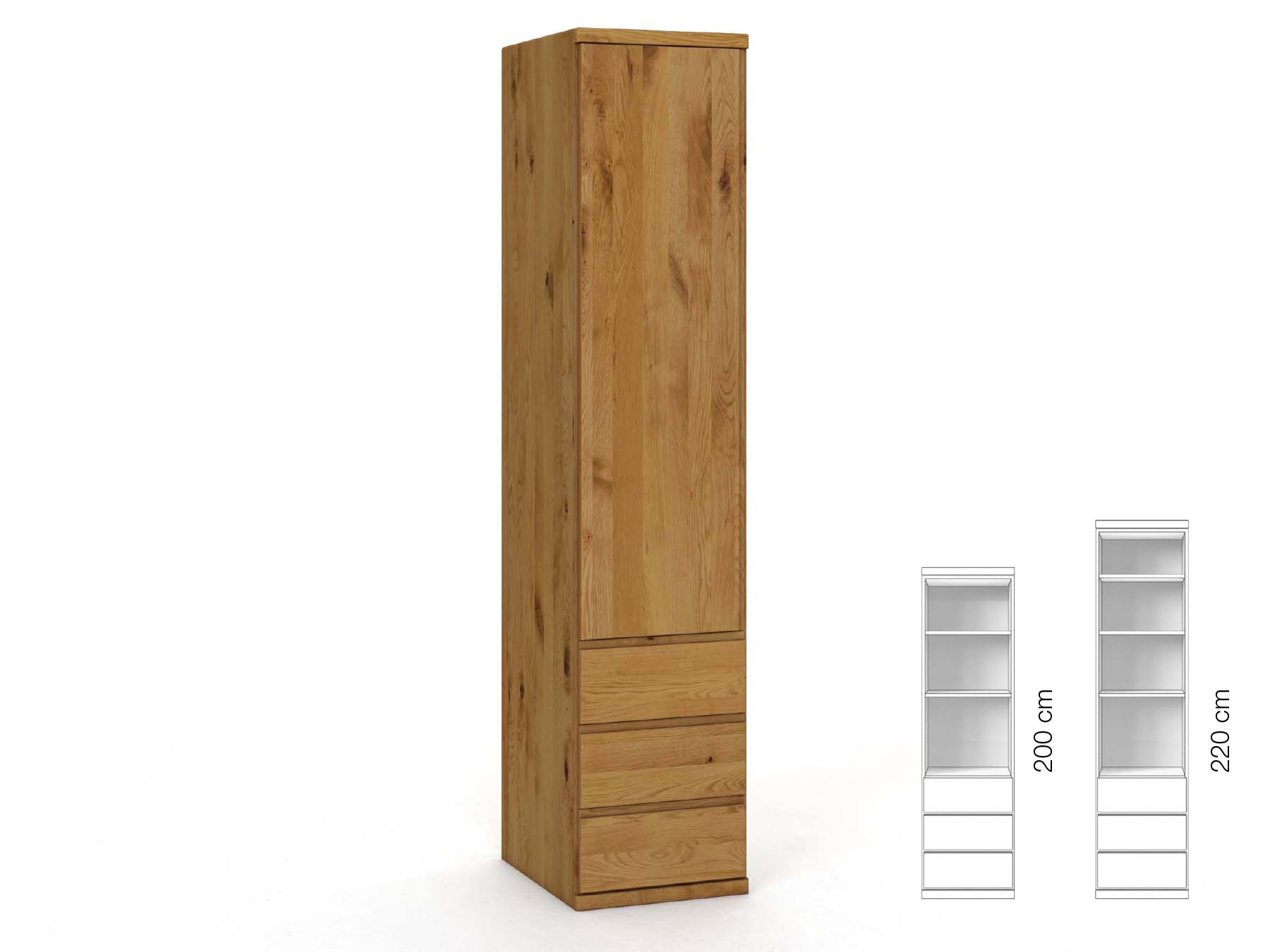 Wildeichenschrank „Valentin“, 1-türig, Höhe 220 cm, Griffausführung „Patrizia“, Inneneinrichtung: D, Türanschlag links