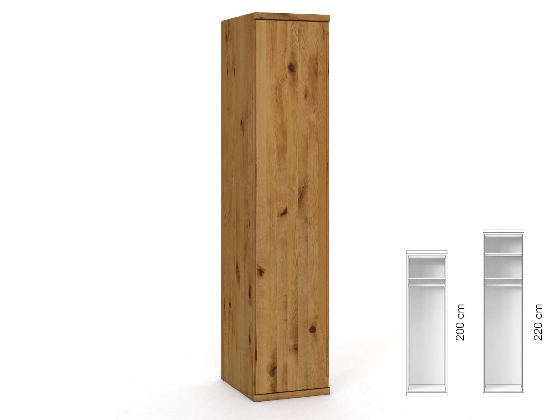 Wildeichenschrank „Valentin“, 1-türig, Höhe 220 cm, Griffausführung „Lukas“, Inneneinrichtung: A, Türanschlag links