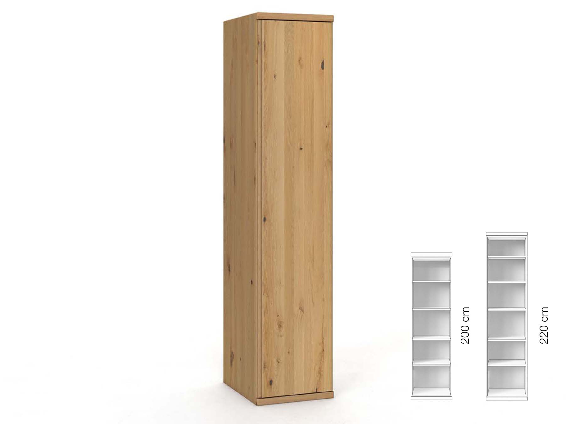 Wildeichenschrank Hell „Valentin“, 1-türig, Höhe 220 cm, Griffausführung „Patrizia“, Inneneinrichtung: B, Türanschlag rechts