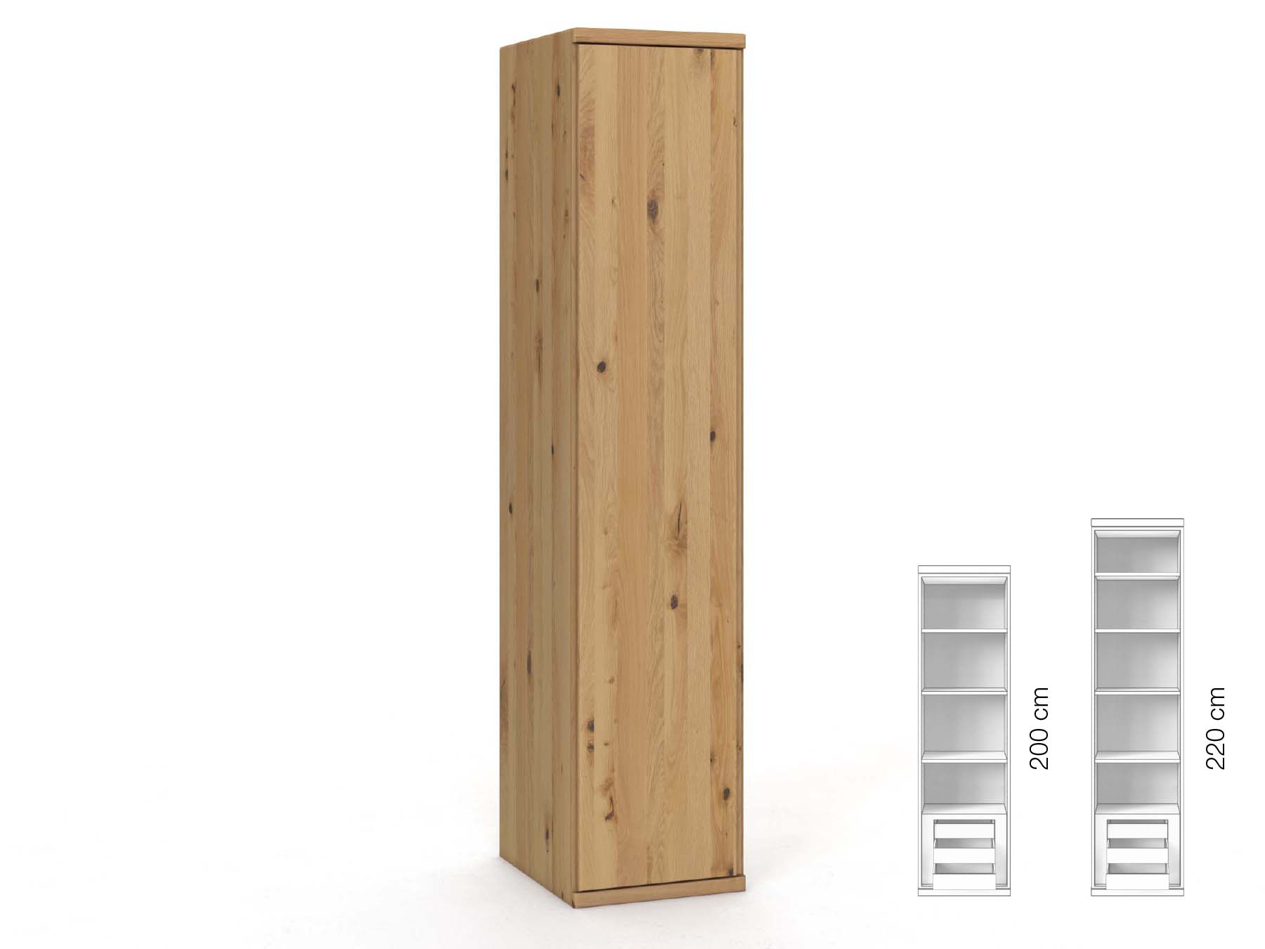 Wildeichenschrank Hell „Valentin“, 1-türig, Höhe 220 cm, Griffausführung „Patrizia“, Inneneinrichtung: C, Türanschlag links