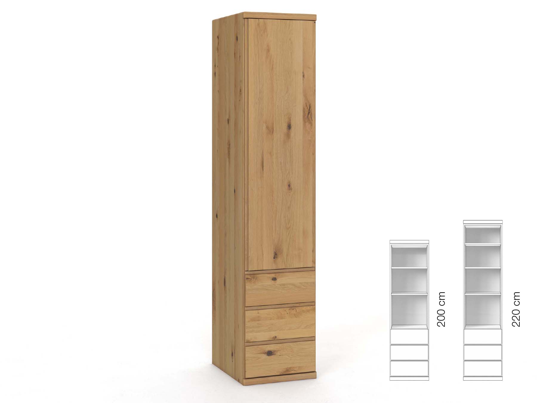 Wildeichenschrank Hell „Valentin“, 1-türig, Höhe 220 cm, Griffausführung „Patrizia“, Inneneinrichtung: D, Türanschlag rechts