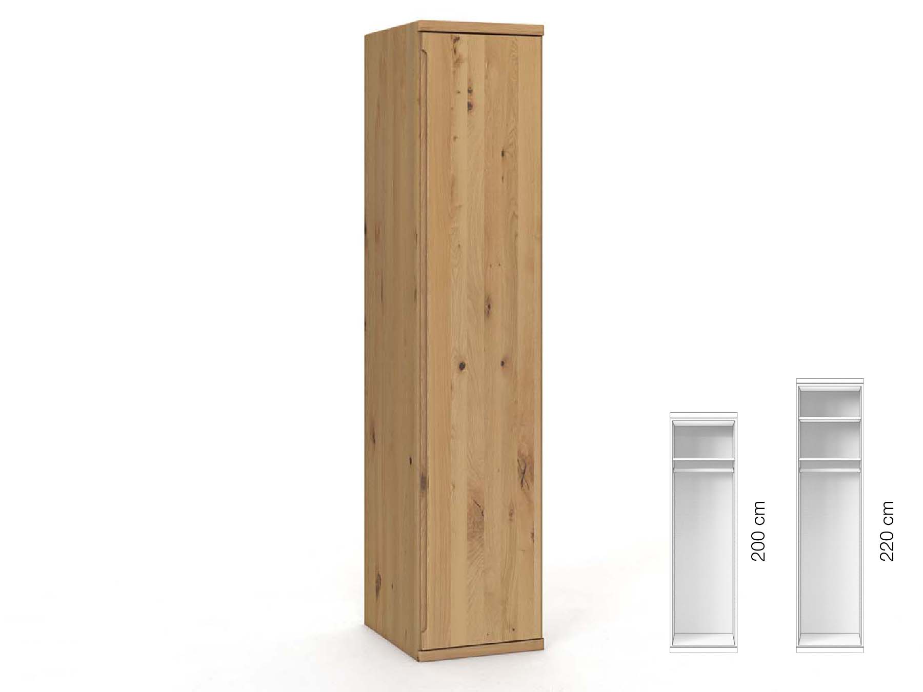 Wildeichenschrank Hell „Valentin“, 1-türig, Höhe 220 cm, Griffausführung „Lukas“, Inneneinrichtung: A, Türanschlag rechts