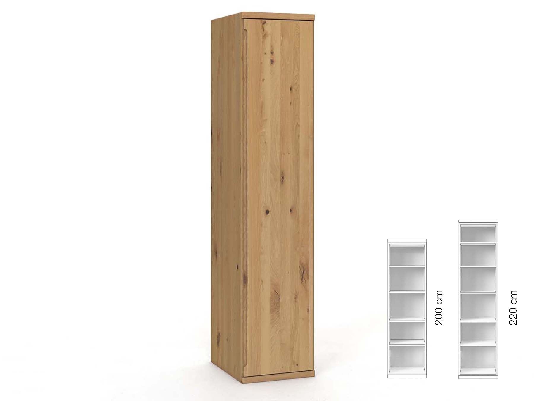 Wildeichenschrank Hell „Valentin“, 1-türig, Höhe 220 cm, Griffausführung „Lukas“, Inneneinrichtung: B, Türanschlag rechts