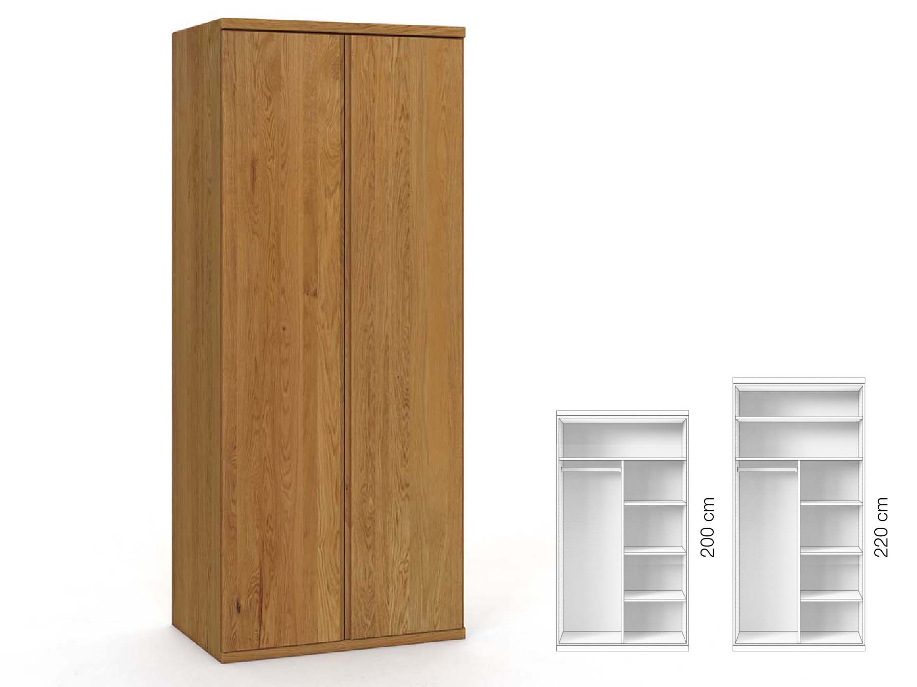 Eichenschrank „Valentin“, 2-türig, Höhe 220 cm, Griffausführung „Patrizia“, Inneneinrichtung: B
