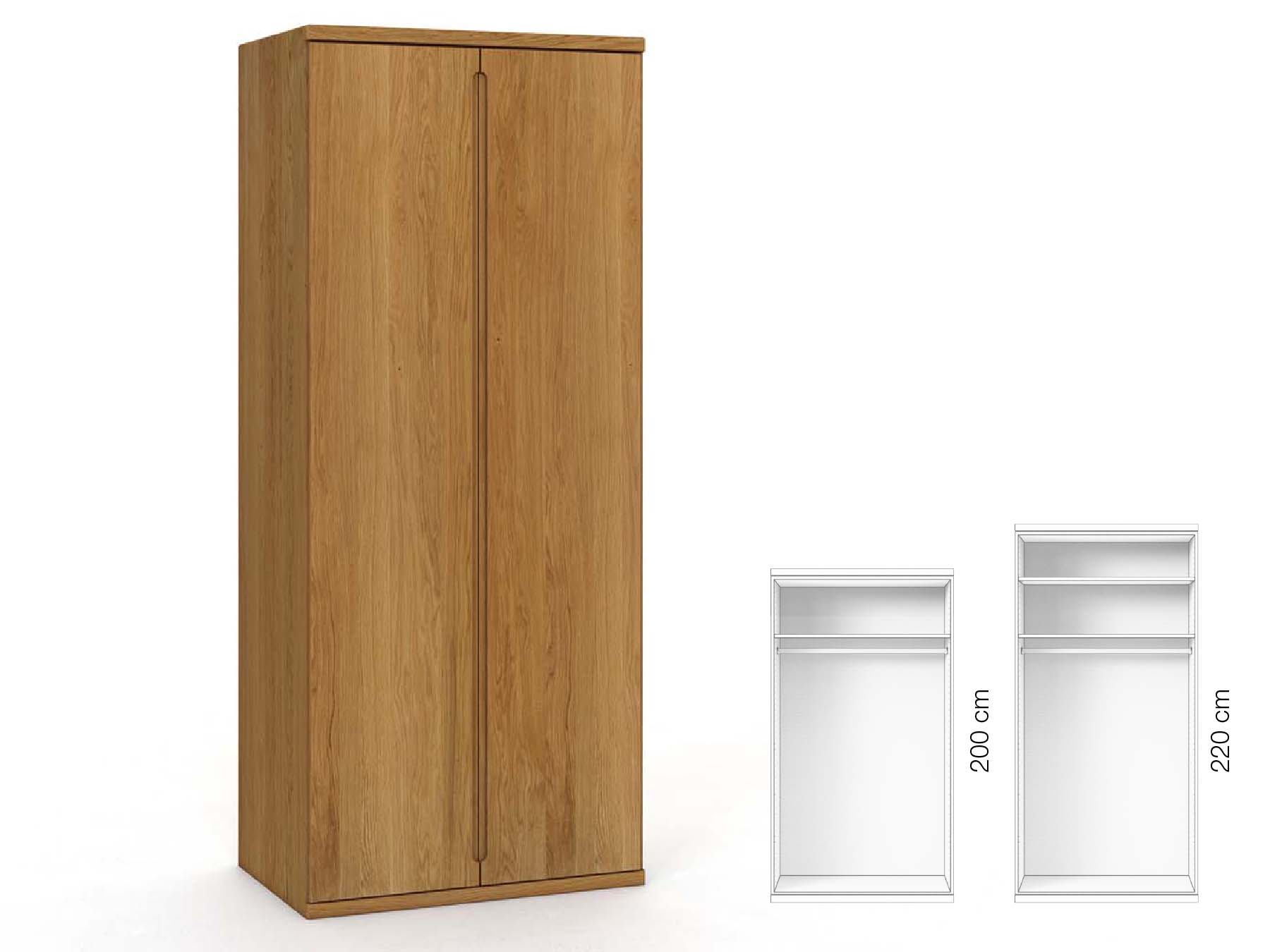 Eichenschrank „Valentin“, 2-türig, Höhe 220 cm, Griffausführung „Lukas“, Inneneinrichtung: A