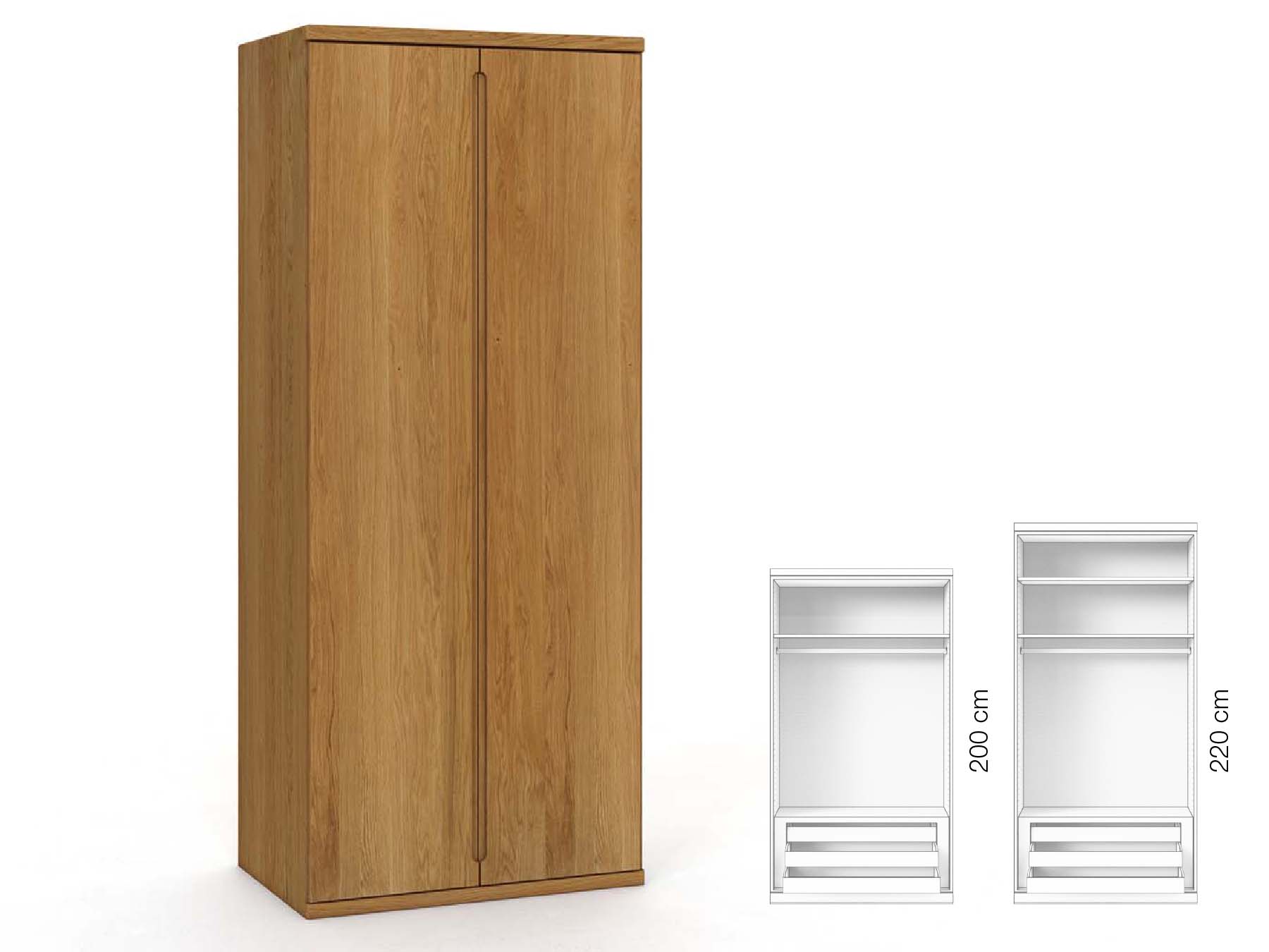Eichenschrank „Valentin“, 2-türig, Höhe 220 cm, Griffausführung „Lukas“, Inneneinrichtung: D