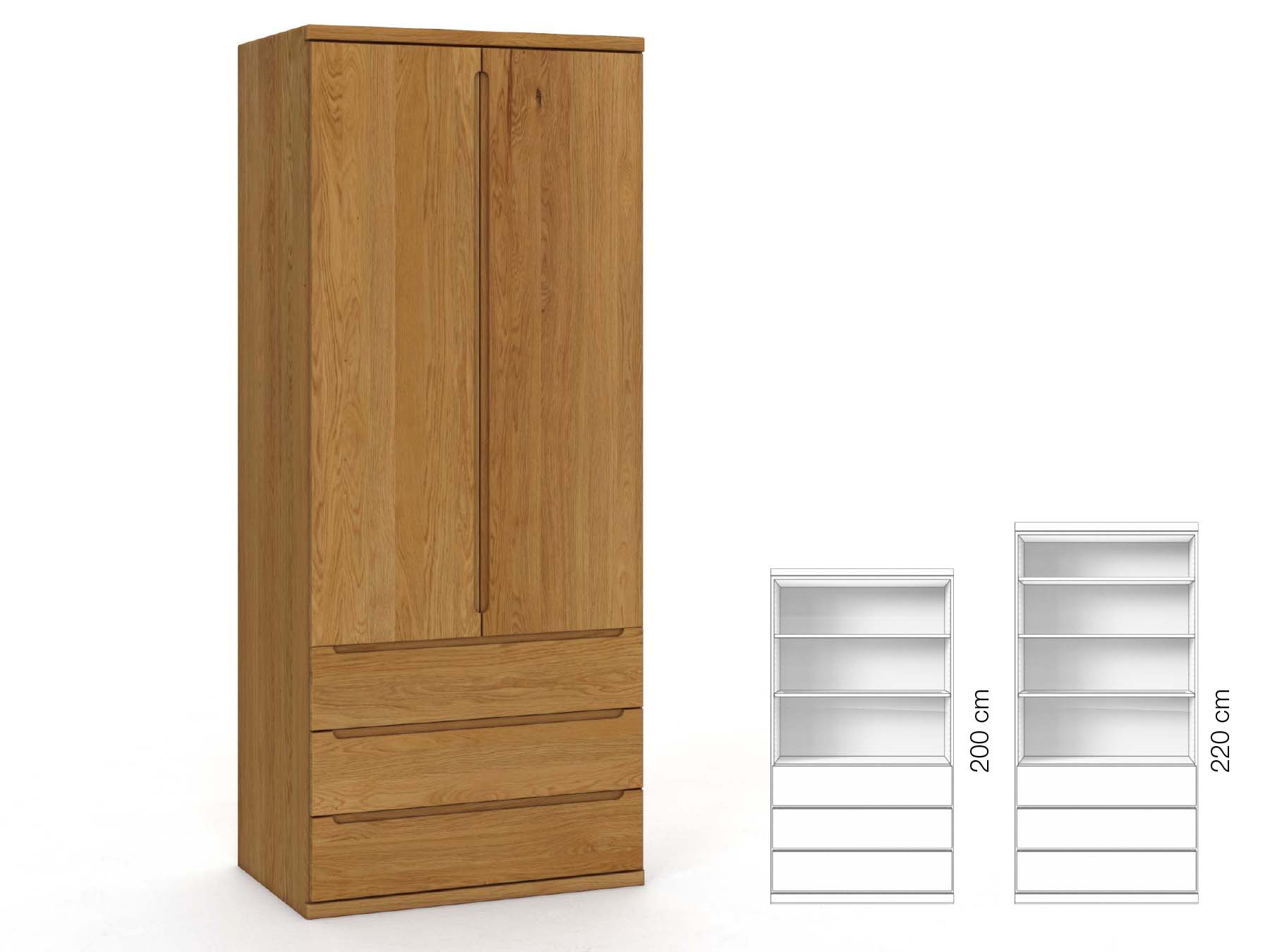 Eichenschrank „Valentin“, 2-türig, Höhe 220 cm, Griffausführung „Lukas“, Inneneinrichtung: E