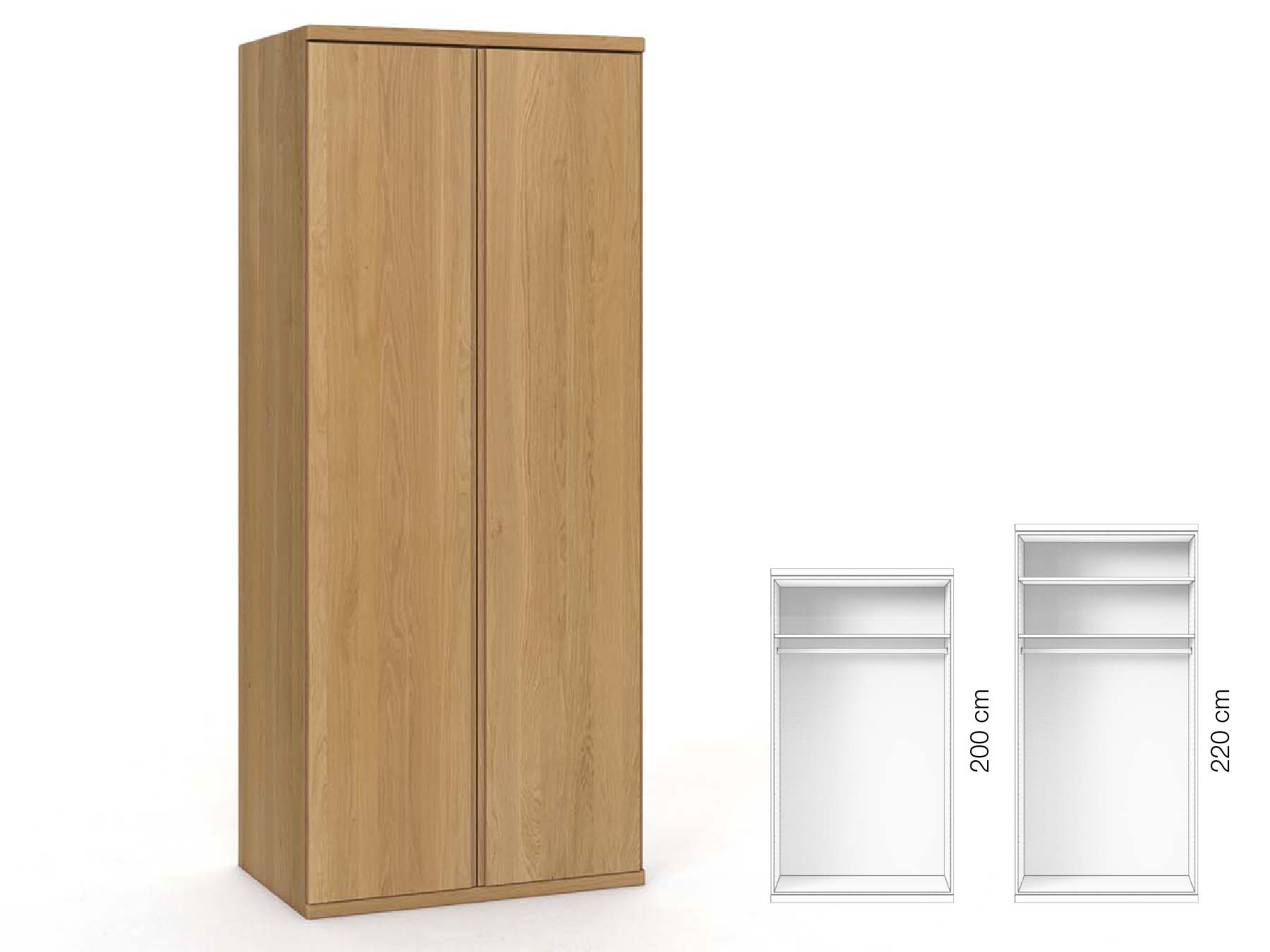 Eichenschrank Hell „Valentin“, 2-türig, Höhe 220 cm, Griffausführung „Patrizia“, Inneneinrichtung: A