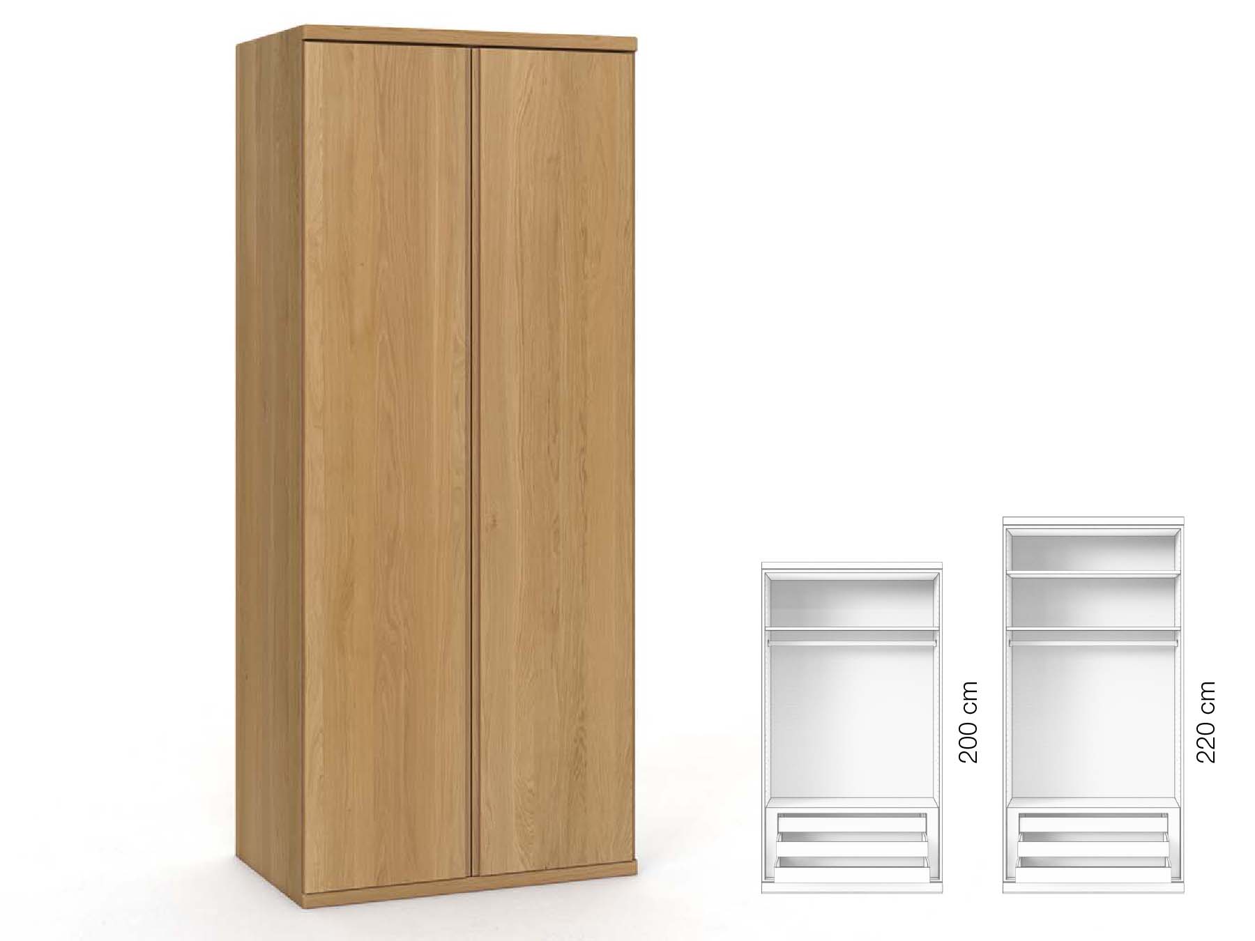 Eichenschrank Hell „Valentin“, 2-türig, Höhe 220 cm, Griffausführung „Patrizia“, Inneneinrichtung: D