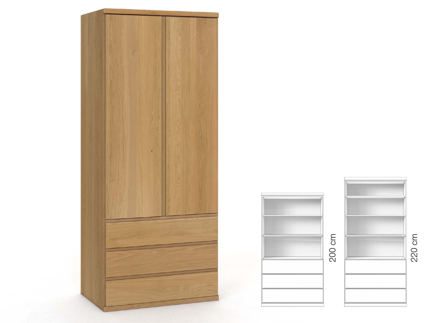 Eichenschrank Hell „Valentin“, 2-türig, Höhe 220 cm, Griffausführung „Patrizia“, Inneneinrichtung: E