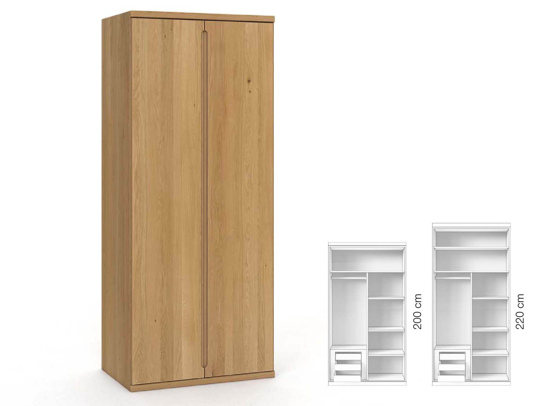 Eichenschrank Hell „Valentin“, 2-türig, Höhe 220 cm, Griffausführung „Lukas“, Inneneinrichtung: C