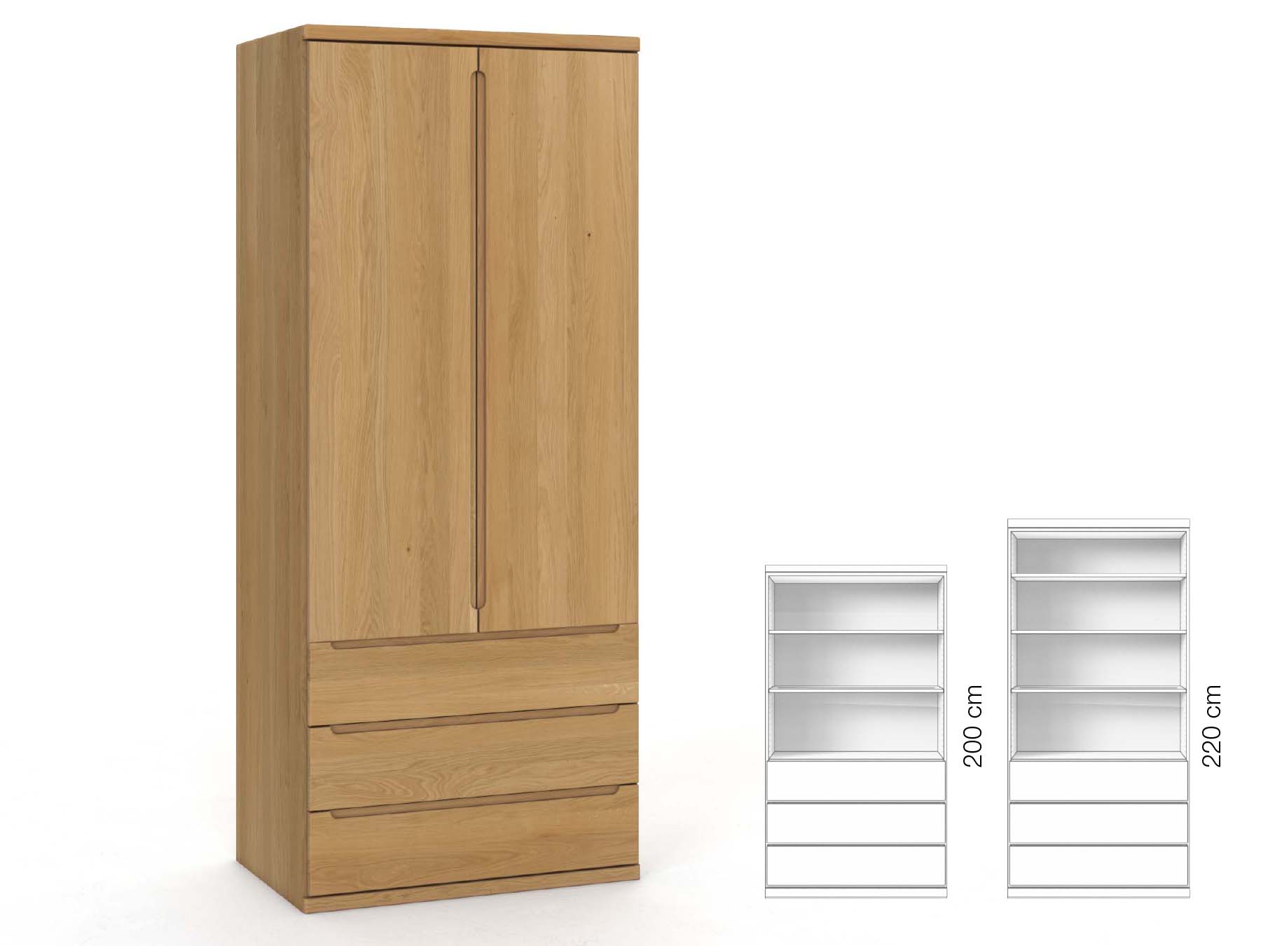 Eichenschrank Hell „Valentin“, 2-türig, Höhe 220 cm, Griffausführung „Lukas“, Inneneinrichtung: E