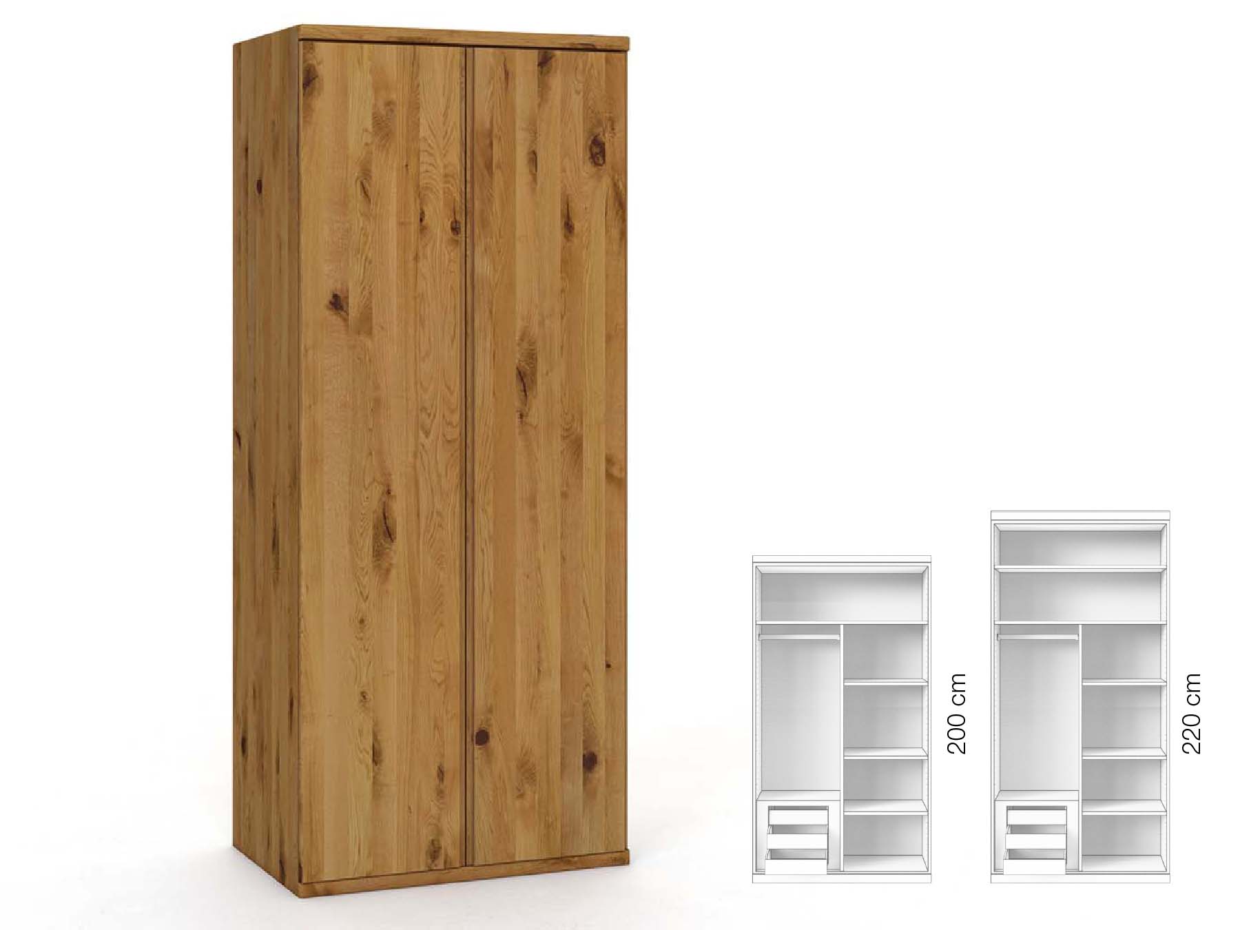 Wildeichenschrank „Valentin“, 2-türig, Höhe 220 cm, Griffausführung „Patrizia“, Inneneinrichtung: C