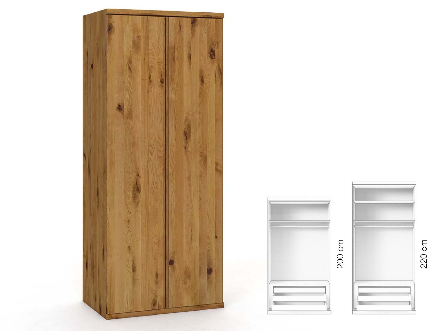 Wildeichenschrank „Valentin“, 2-türig, Höhe 220 cm, Griffausführung „Patrizia“, Inneneinrichtung: D