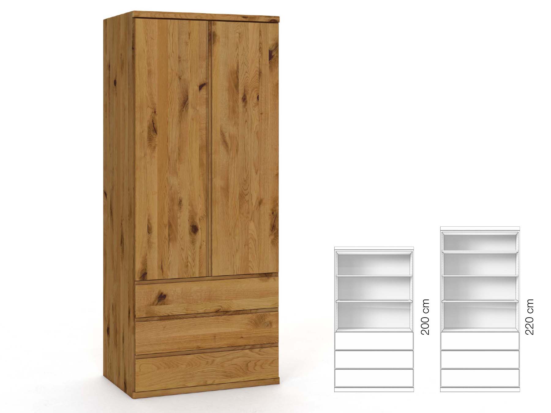 Wildeichenschrank „Valentin“, 2-türig, Höhe 220 cm, Griffausführung „Patrizia“, Inneneinrichtung: E