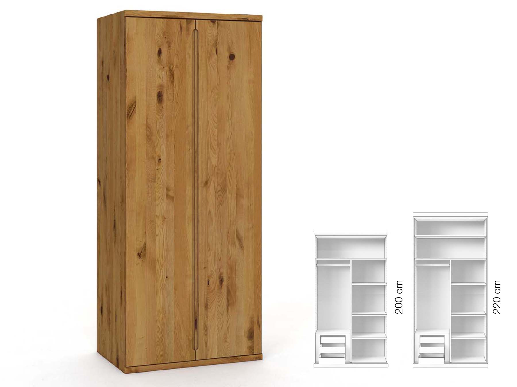 Wildeichenschrank „Valentin“, 2-türig, Höhe 220 cm, Griffausführung „Lukas“, Inneneinrichtung: C