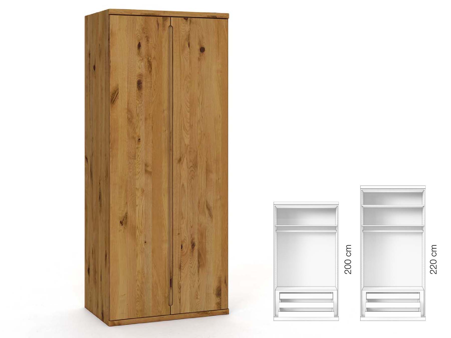 Wildeichenschrank „Valentin“, 2-türig, Höhe 220 cm, Griffausführung „Lukas“, Inneneinrichtung: D