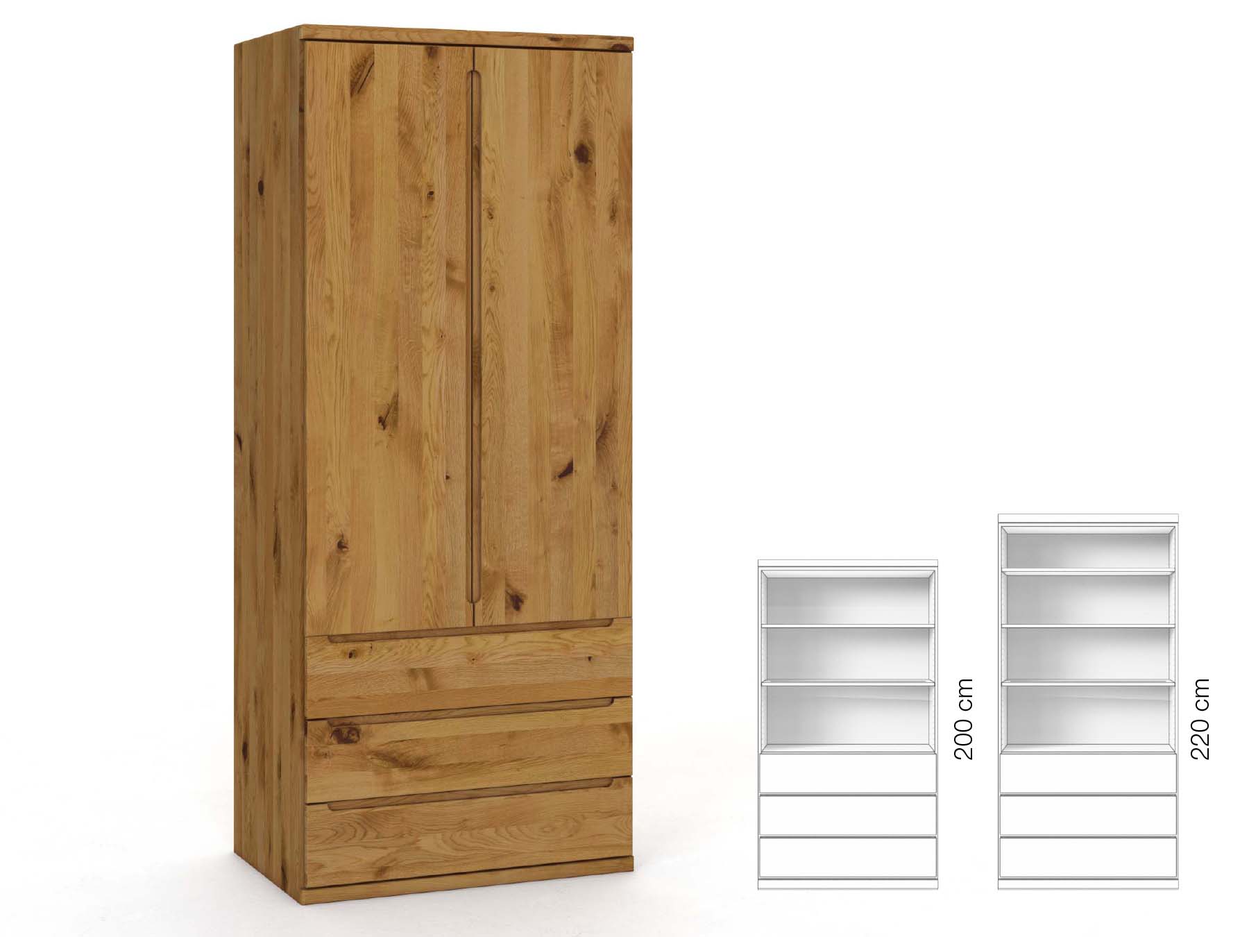 Wildeichenschrank „Valentin“, 2-türig, Höhe 220 cm, Griffausführung „Lukas“, Inneneinrichtung: E