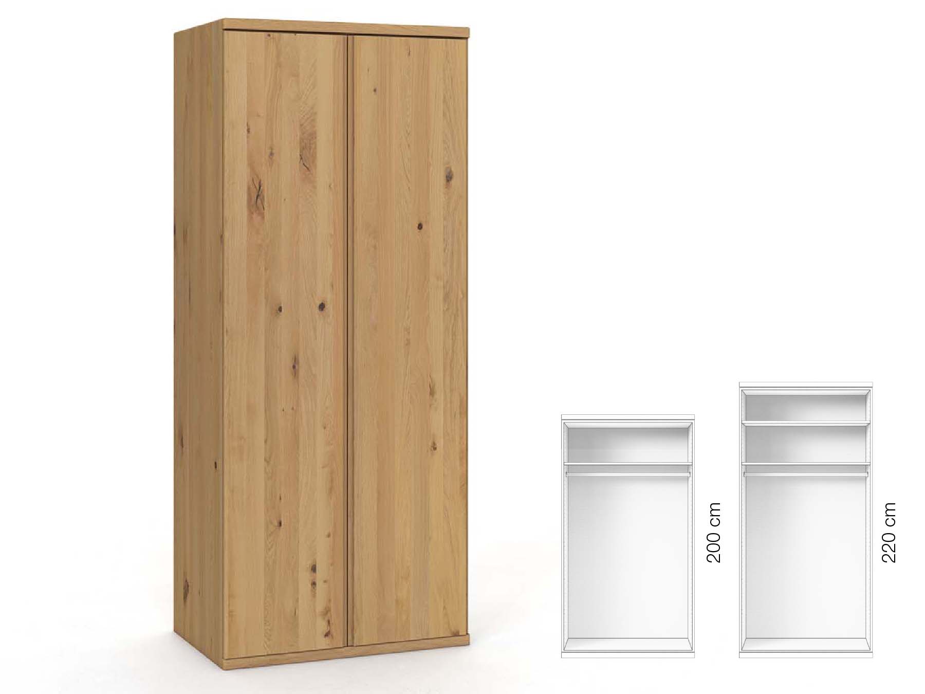 Wildeichenschrank Hell „Valentin“, 2-türig, Höhe 220 cm, Griffausführung „Patrizia“, Inneneinrichtung: A
