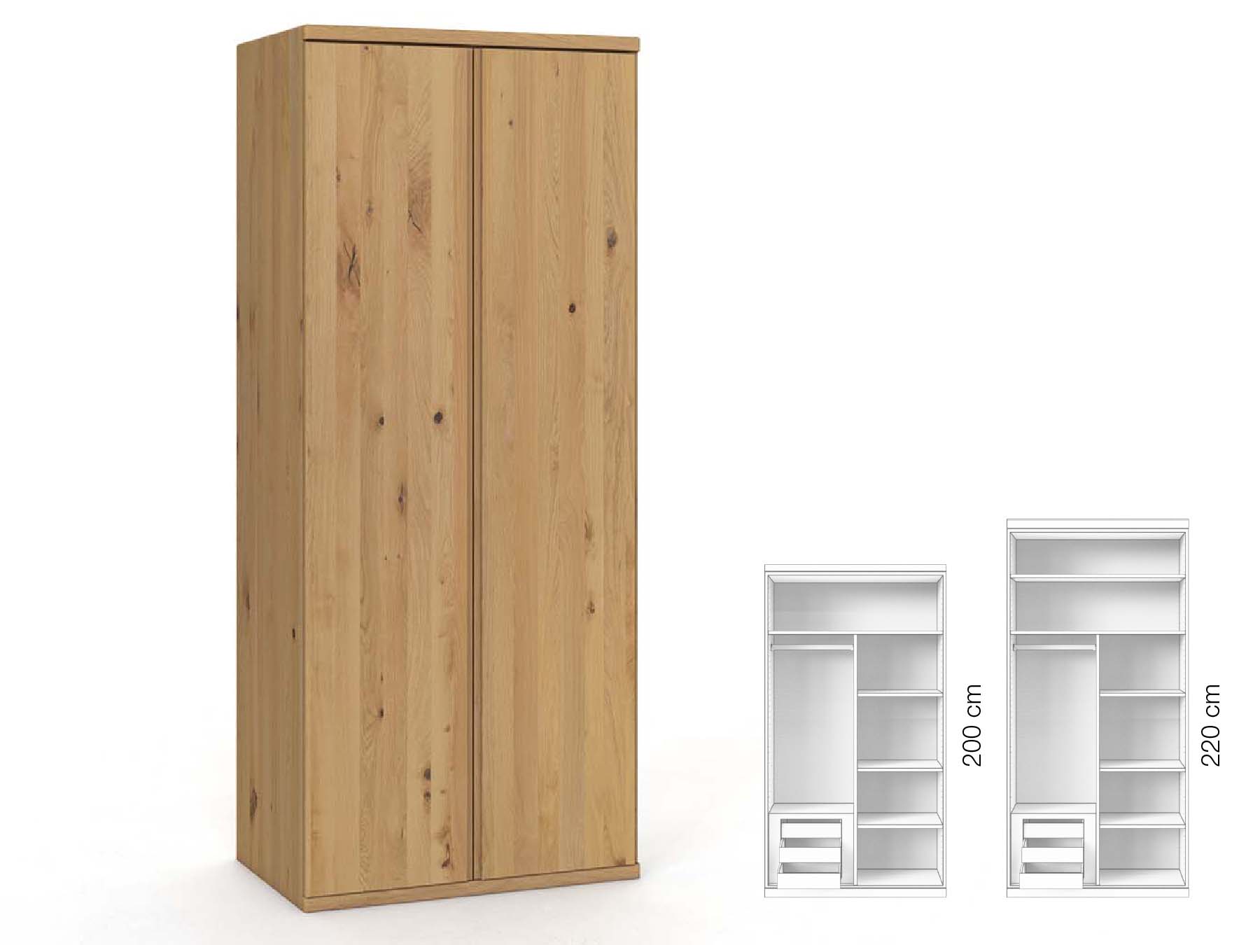 Wildeichenschrank Hell „Valentin“, 2-türig, Höhe 220 cm, Griffausführung „Patrizia“, Inneneinrichtung: C